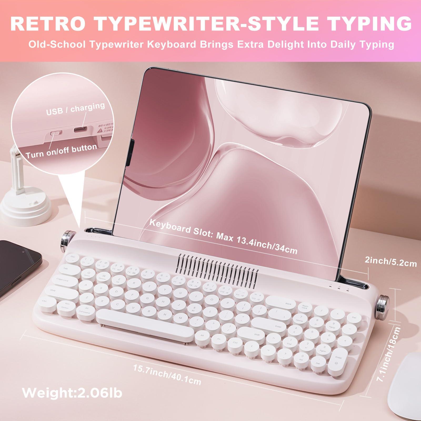 YUNZII Upgraded Wireless Typewriter Keyboard,with Retro Integrated Stand,USB-C/Bluetooth,Cute Round Keycaps, USB-C/Bluetooth Connection for Table, Phone, PC and Win/Mac/Android (B309, Baby Pink) - Image 7