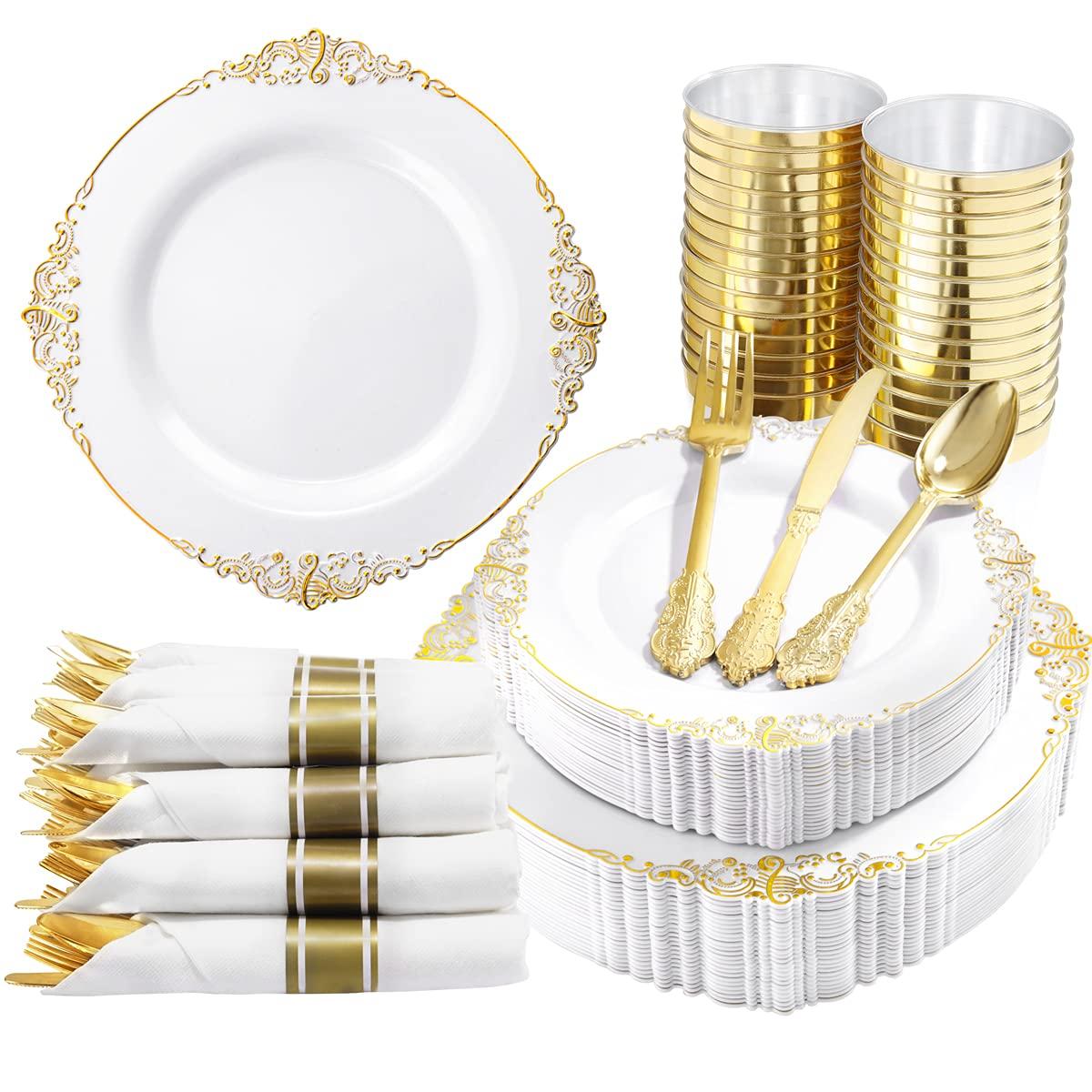 Nervure 350PCS Gold Plastic Plates - Gold Plastic Dinnerware Sets for 50 Guests - 100 Disposable Plates, 150 Silverware, 50 Cups, 50 Napkins for Wedding & Party & Graduation