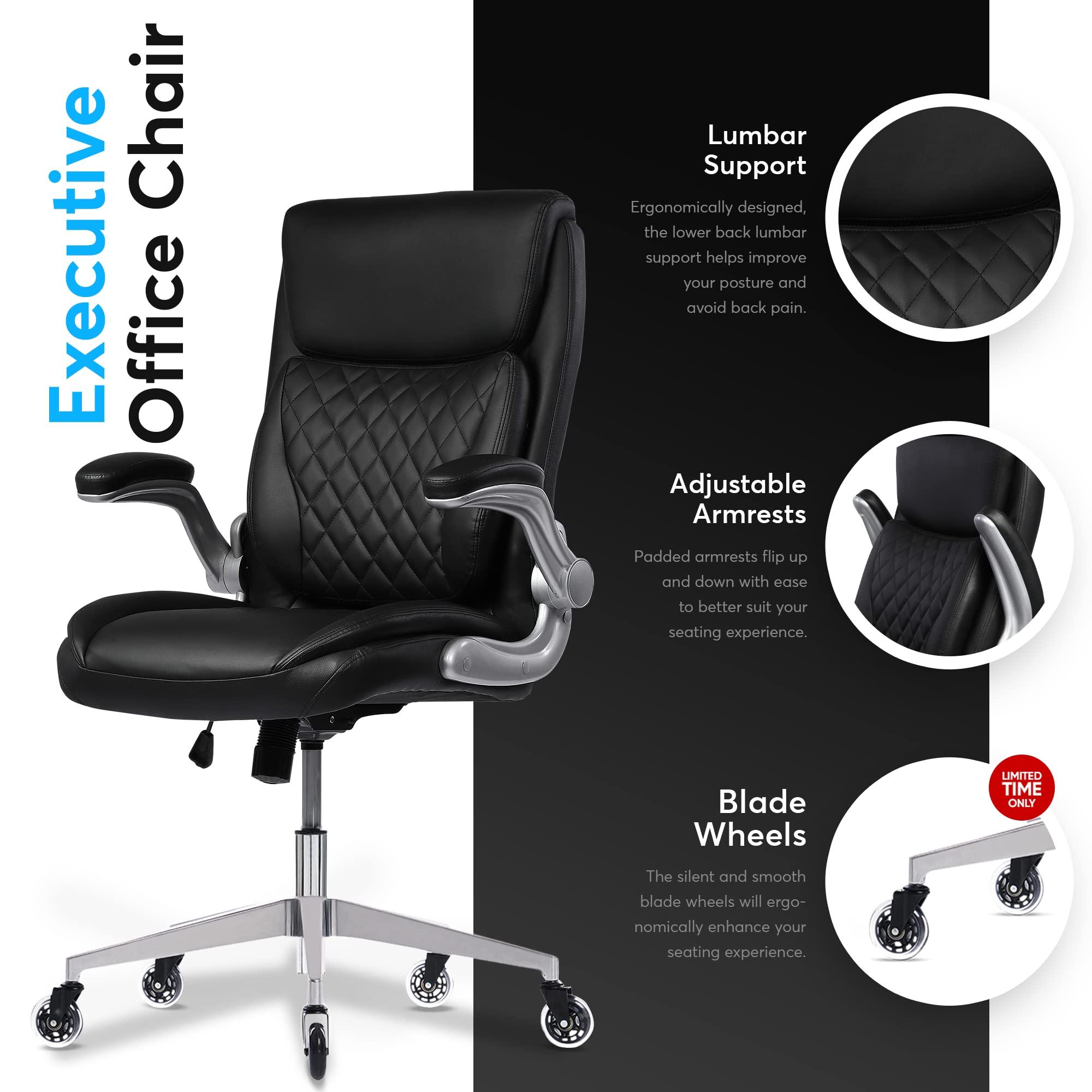 Oline ErgoAce Ergonomic Executive Office Chair, Rolling Home Desk PU Leather Gaming Computer Chair with Adjustable Armrests, Lumbar Support, Blade Wheels (Black) - Image 3
