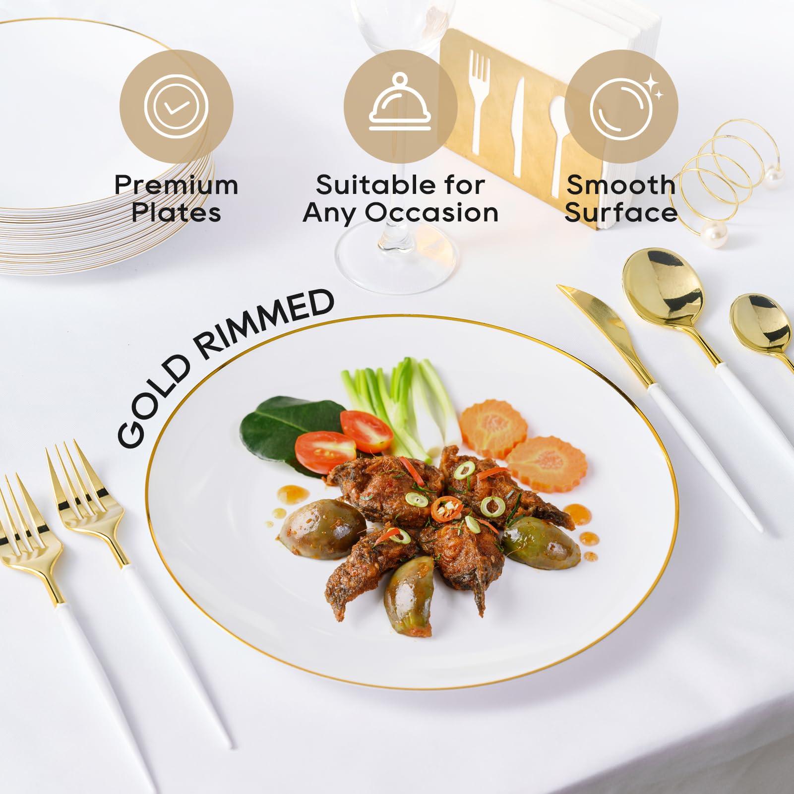 FOCUSLINE 100 Count Gold Plastic Plates 10.25 Inch, Disposable Heavy Duty Dinner Plates, Premium Hard Plastic Plate Fancy Disposable White Plate with Gold Rim - Image 4