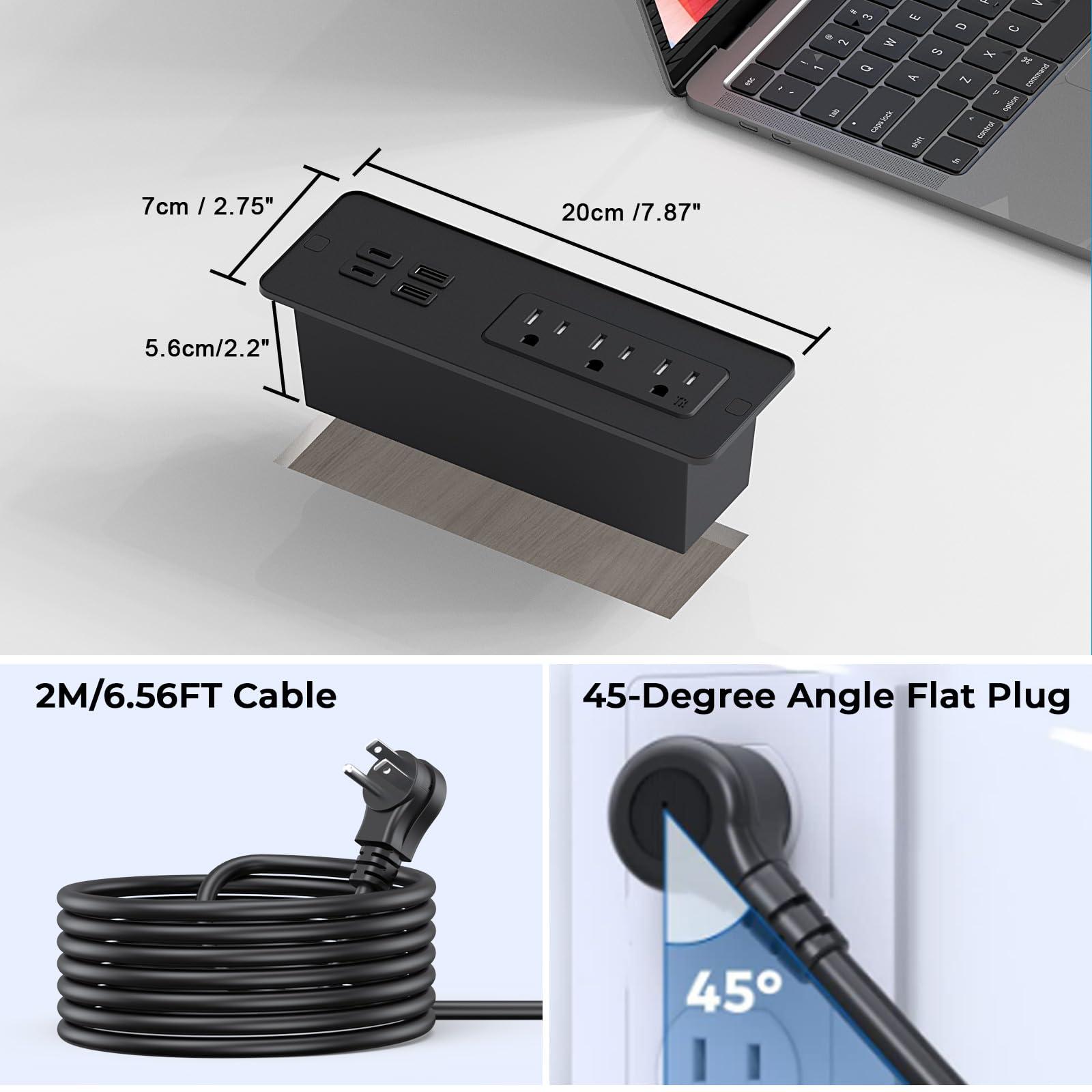 Recessed Power Strip with PD 65W USB C, Flush Mount Power Strip with 3 Outlets 4 USB Ports, Furniture Drawer Outlet with 2M Flat Plug Cable for Side Table Sofa Table, Black - Image 6