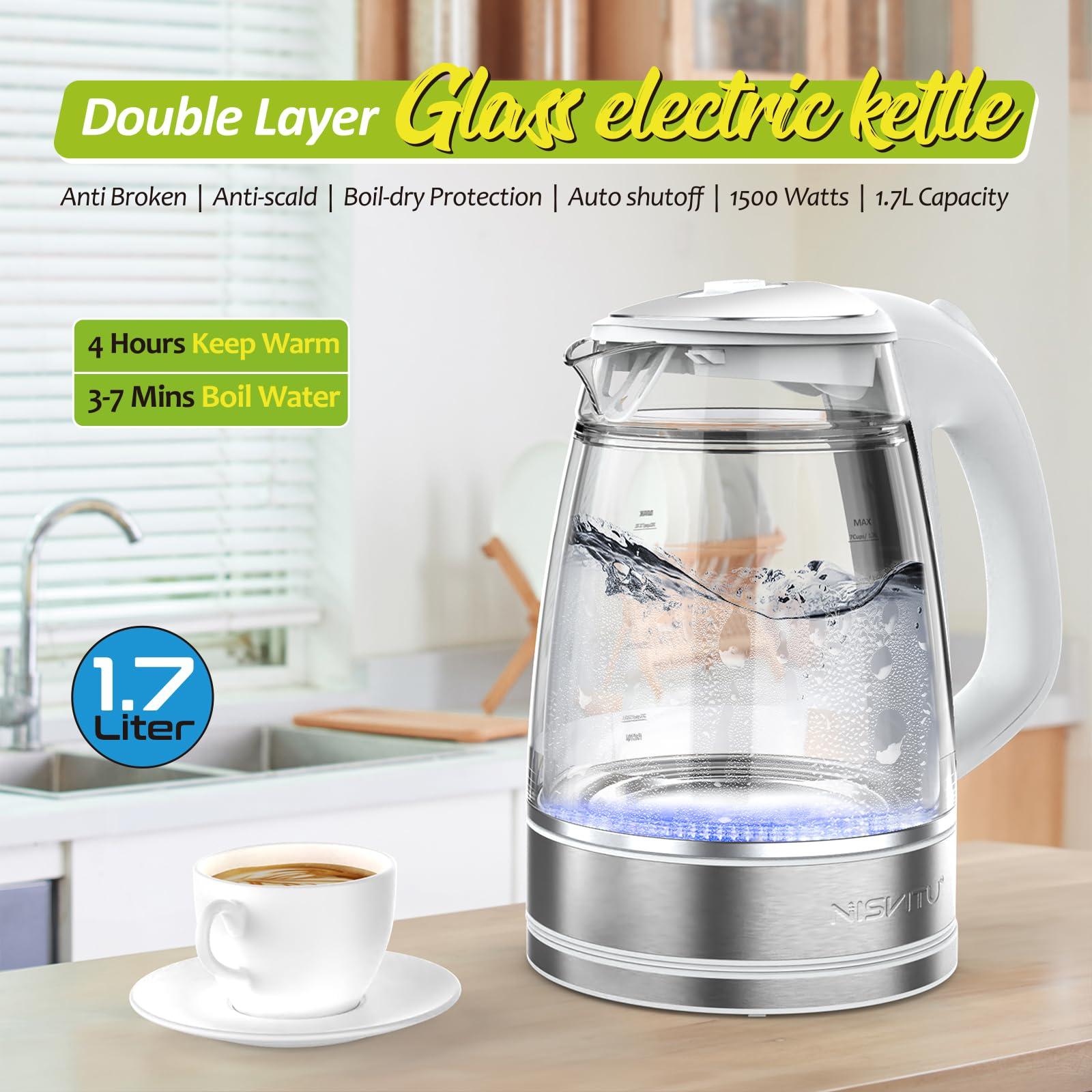 NISVITU, Double Glass Stainless Steel Cordless Electric kettle for boiling water, Hot water boiler Electric Tea Kettle automatic shut off Boil-Dry Protection Anti-Scald 1.7L 1500W, White - Image 2