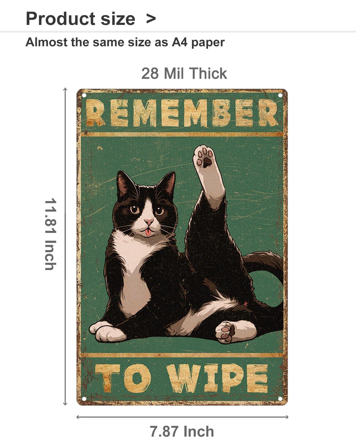 ALKB Bathroom Tuxedo Cat Sign - Remember to Wipe - Cat Lover Gift 8x12 Inch Vintage Metal Sign for Bathroom Decorations - Image 3