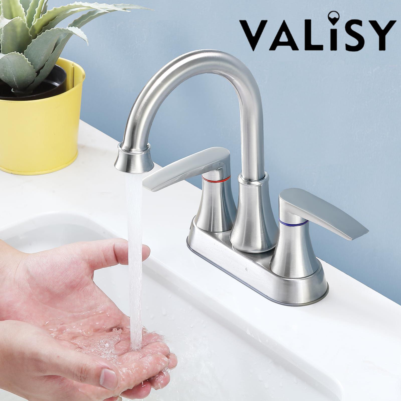 VALISY Brushed Nickel Bathroom Faucet, 2-Handle Lead-Free 360° Swivel High-Arc Spout 4 Inch Centerset Bath Lavatory Vanity Sink Faucets Set for Sinks with Drain & Water Hoses, VABM80008L - Image 4