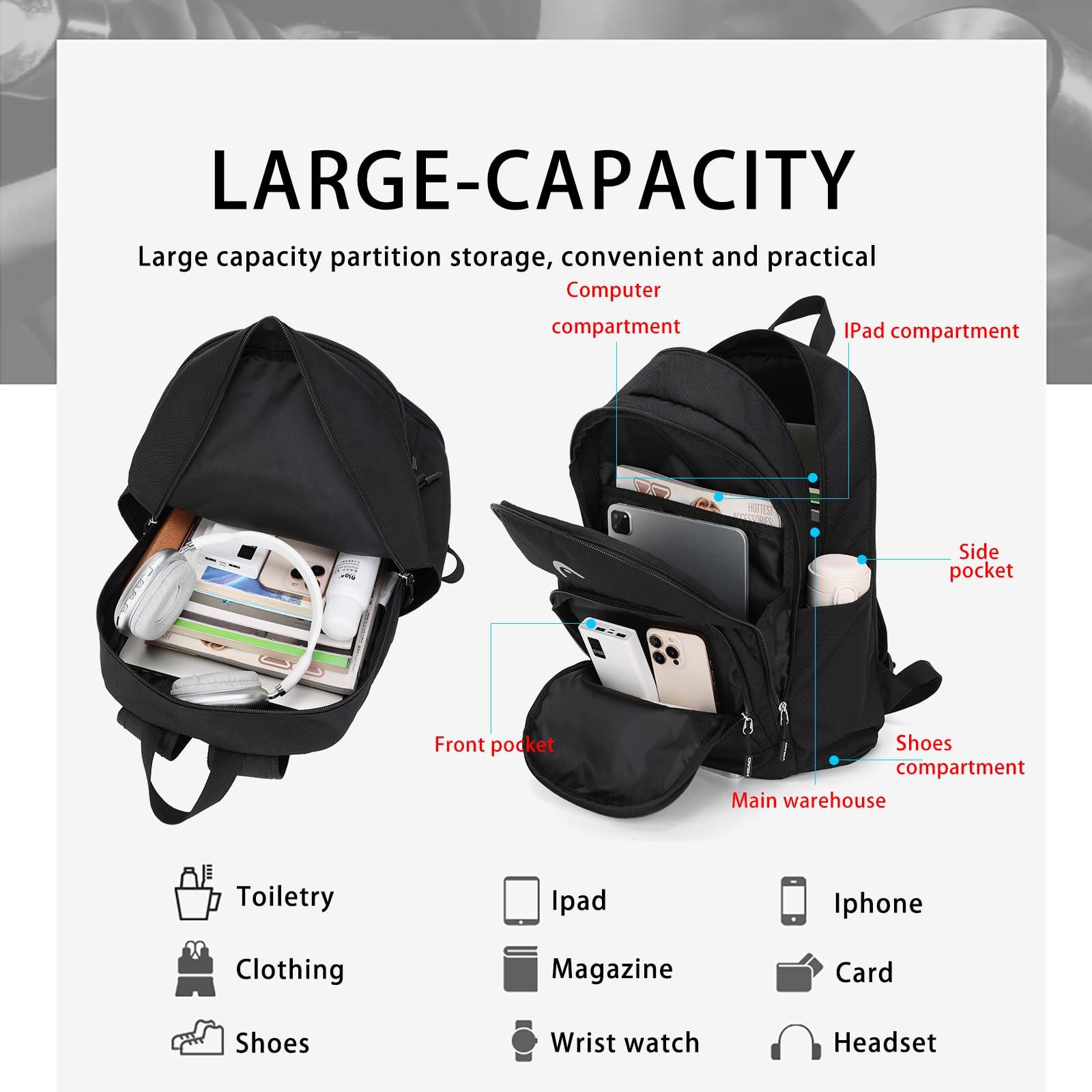 HEAD Waterproof Travel Backpack for Men, Lightweight 15.6 Inch Laptop Backpack with Shoes Compartment, Casual Daypack College Backpacks with 10 Pockets for Overnight/Sports Gym/Work/Fitness - Image 9