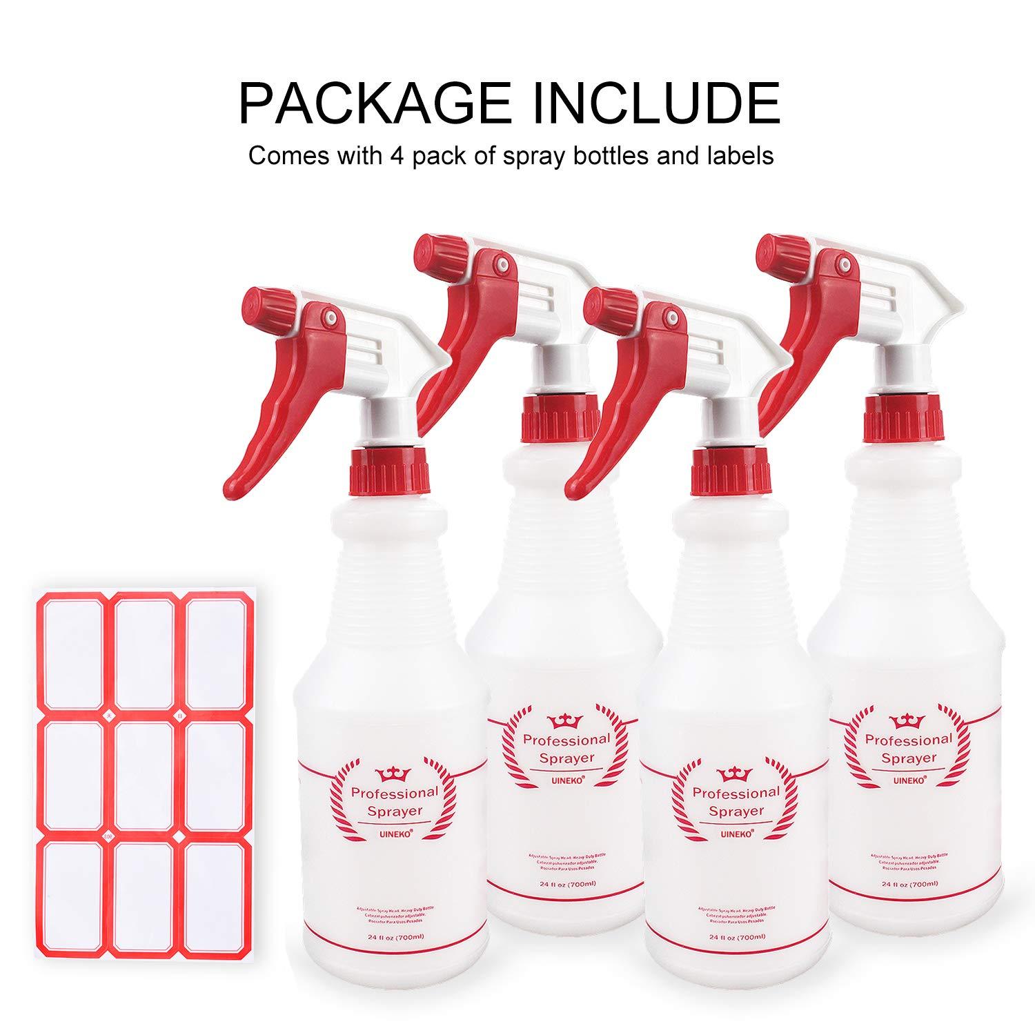 Uineko Plastic Spray Bottle (4 Pack, 24 Oz, All-Purpose) Heavy Duty Spraying Bottles Leak Proof Mist Empty Water Bottle for Cleaning Solution Planting Pet with Adjustable Nozzle and Measurements - Image 6