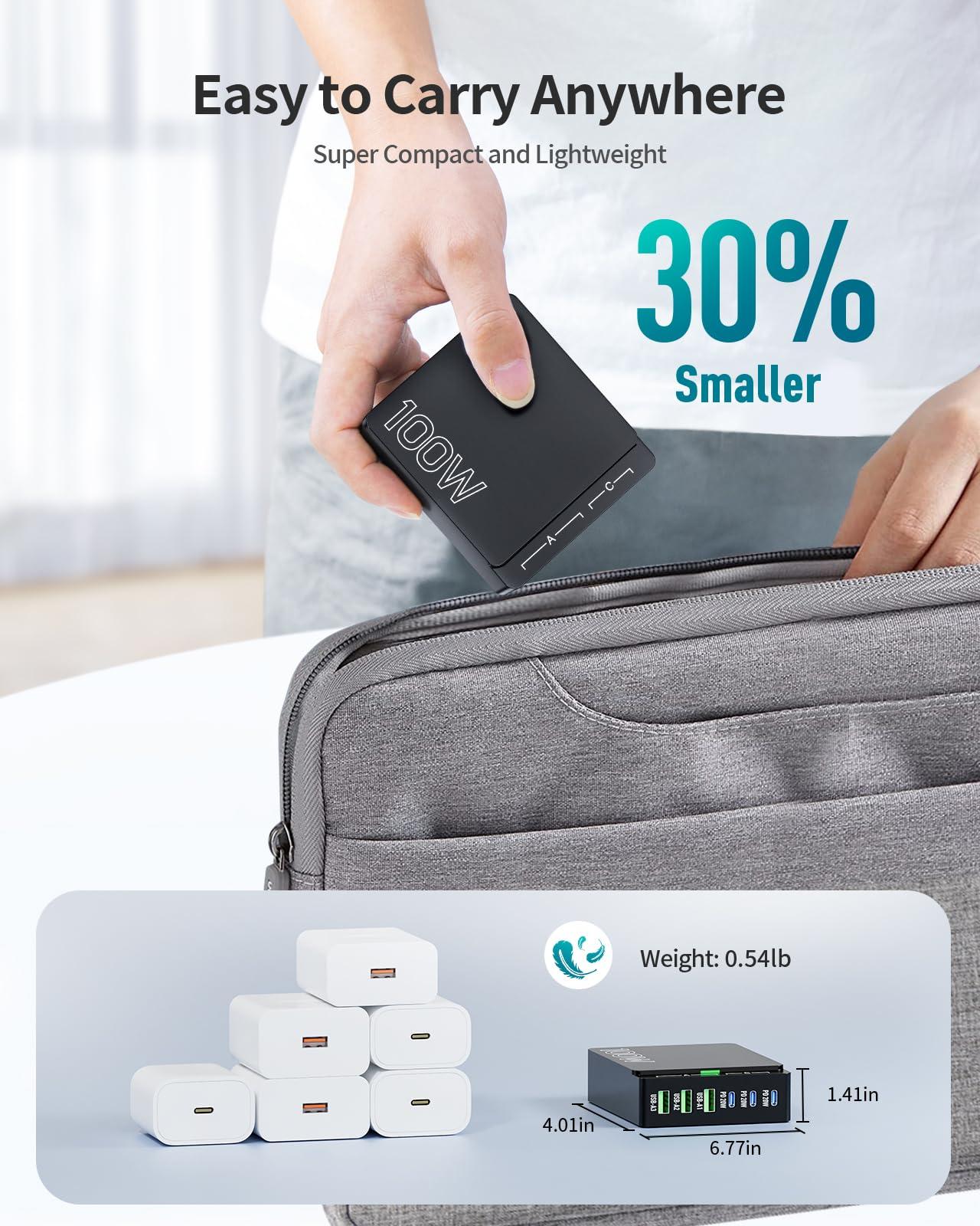 USB C Charger Block Charging Station: 100W 6 Port GaN Fast Charging Brick Hub Cube Box - PD 3.0 Type C & USB A Wall Charger Power Adapter for All iPhone iPad Samsung Android Pixel Series - Image 6