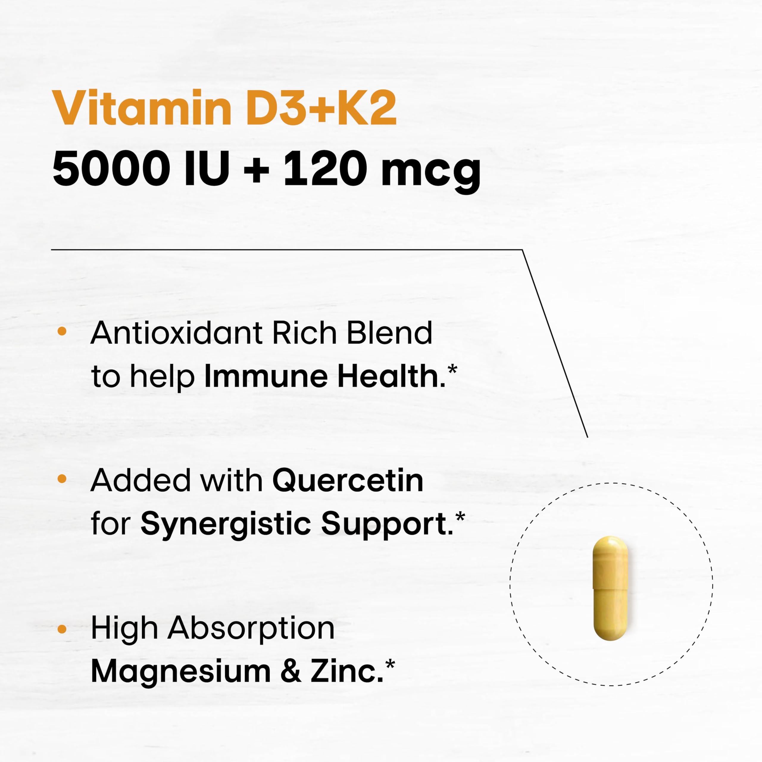 Sandhu's Vitamin D3 K2 Magnesium 5000 IU, 120mcg K2 Capsules 120 Count (Pack of 1) | VIT B6, D3K2, Zinc & Quercetin | Superior Absorption, Supports Energy, Immune, Bone & Muscle Health for Men & Women - Image 2