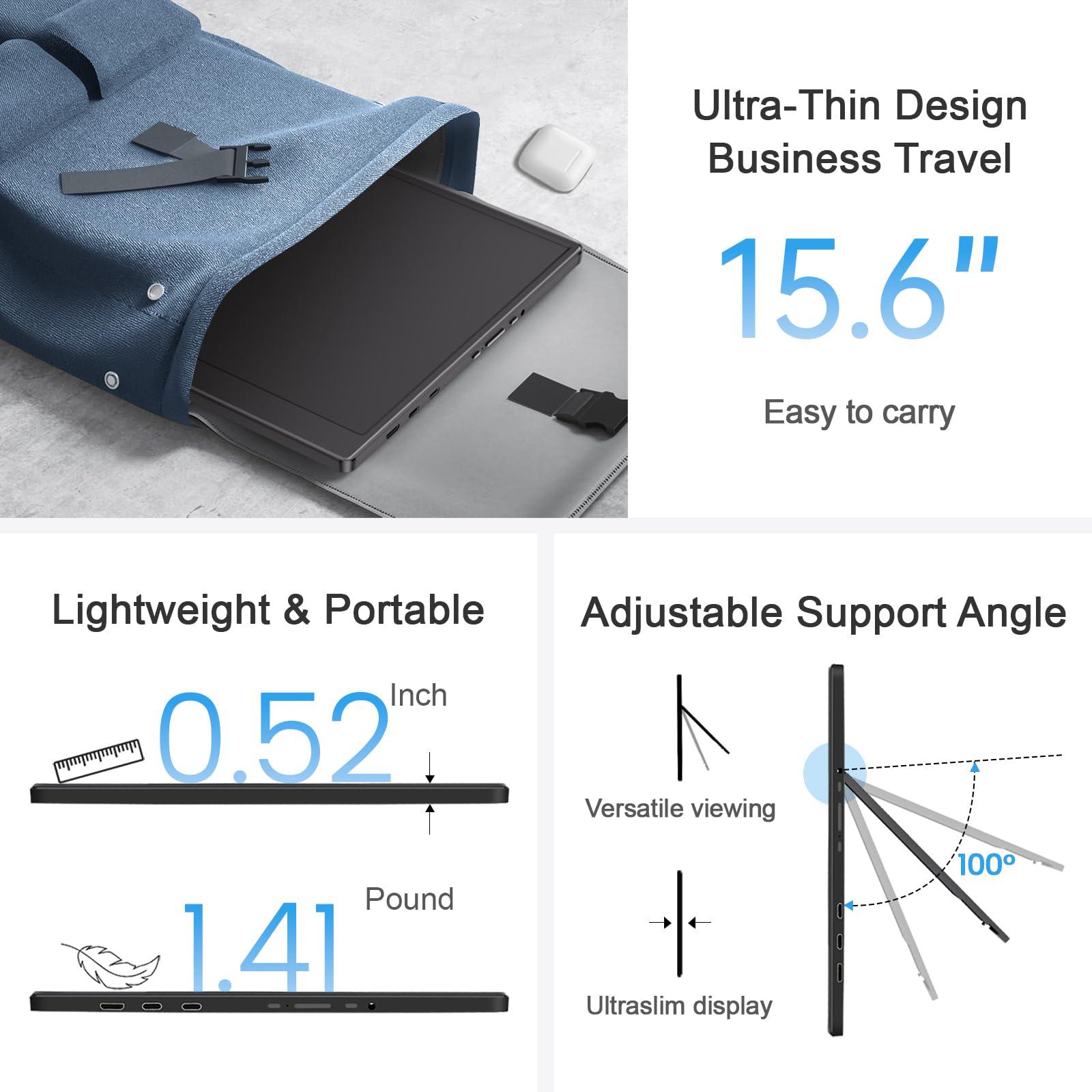 UFYQL 15.6-inch Portable Monitor FHD IPS Gaming Display Travel External Monitor, for Laptop PC Phone PS4/5 Xbox Switch, 1080P, USB-C, HDMI, Ultra-Slim, with Kickstand, Speakers, Plug&Play, HDR - Image 6