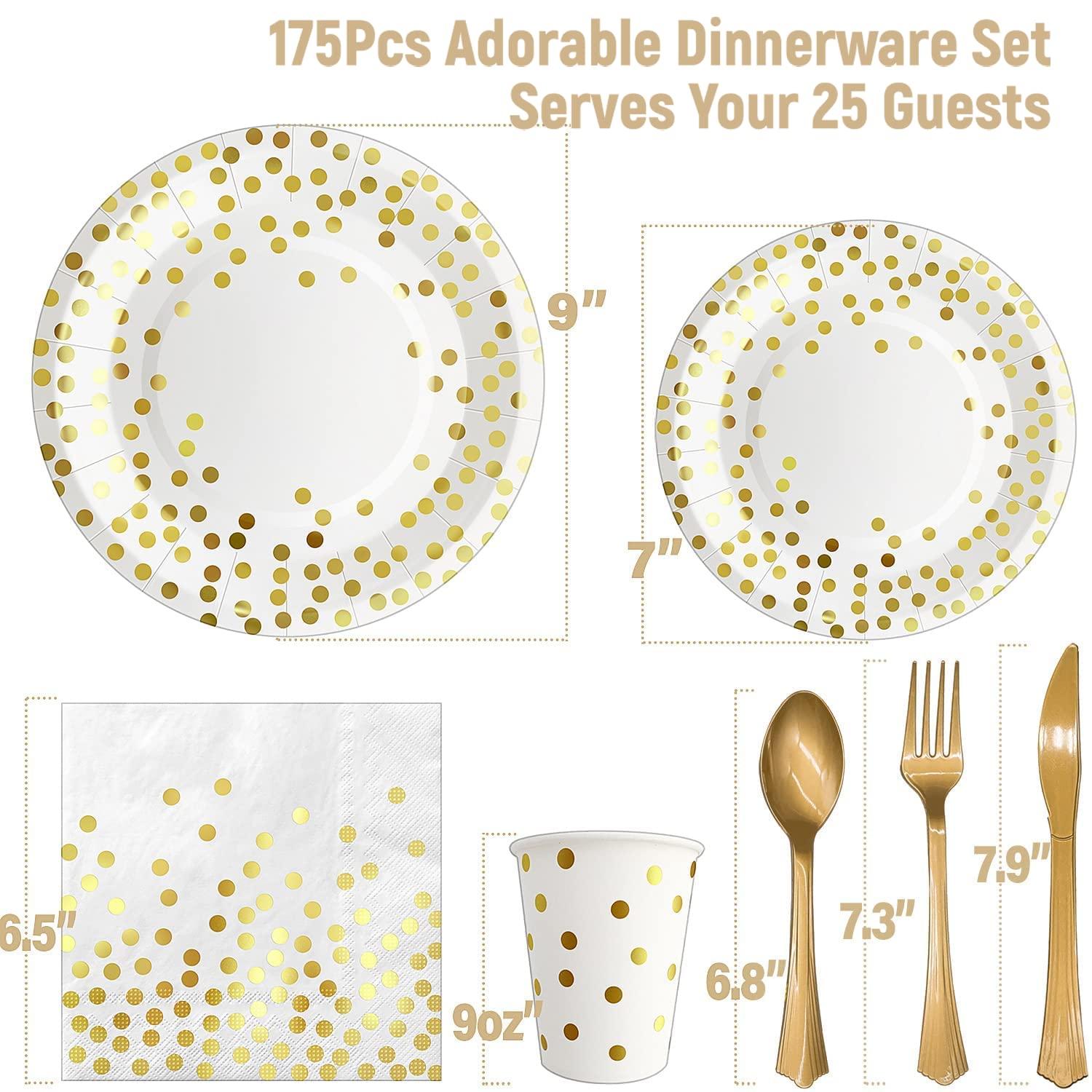 175PCS White and Gold Party Supplies, Severs 25 Disposable Party Dinnerware, Gold Plastic Forks Knives Spoons and Golden Dot Paper Plates, White Napkins Cups for Graduation, Birthday, Wedding - Image 3