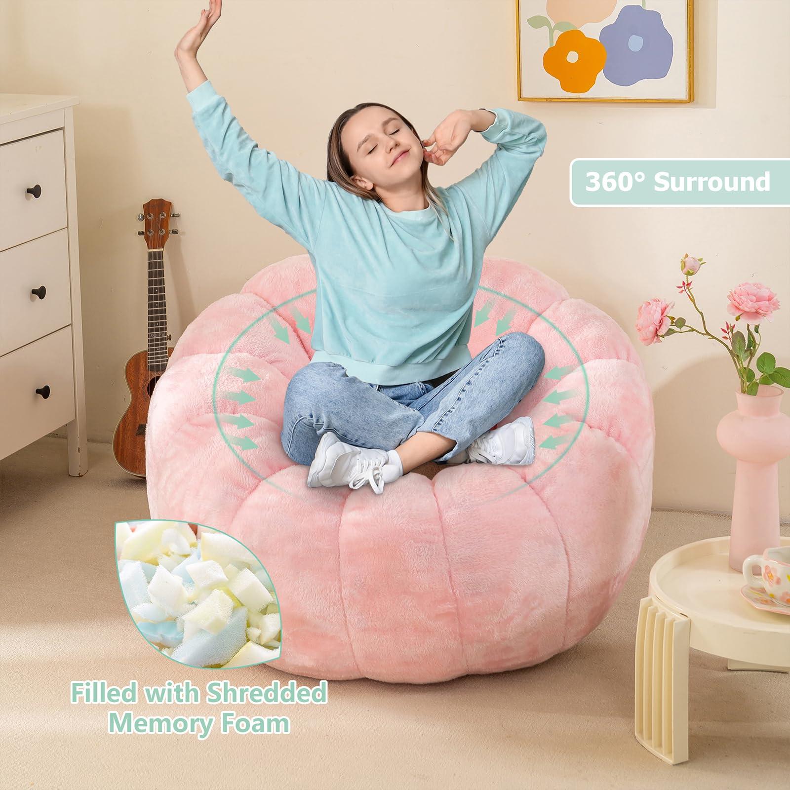 IEVENW Pumpkin Bean Bag Sofa Chair, Bean Bag Chair with Filler for Teens, Kids, Toddler, Comfy and Lazy Sofa for Dorm, Apartment, Living Room and Bedroom, Pink - Image 5