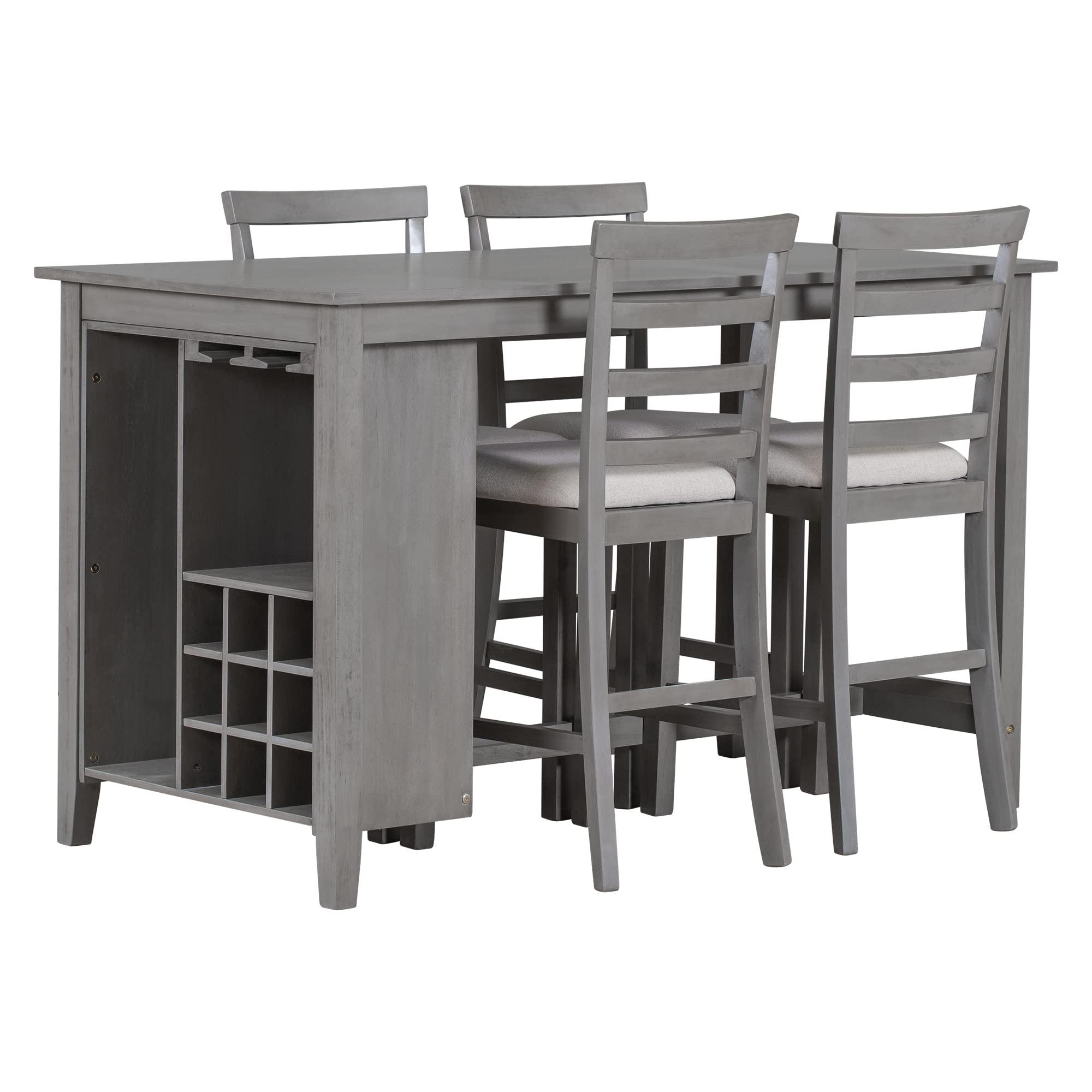 LUMISOL Farmhouse Dining Table Set for 4, Dining Table with Storage Integrated 9 Wine Compartment and Wineglass Holders, 5 Piece Dining Table Set with 4 Upholstered Chairs for Dining Room Kitchen - Image 4