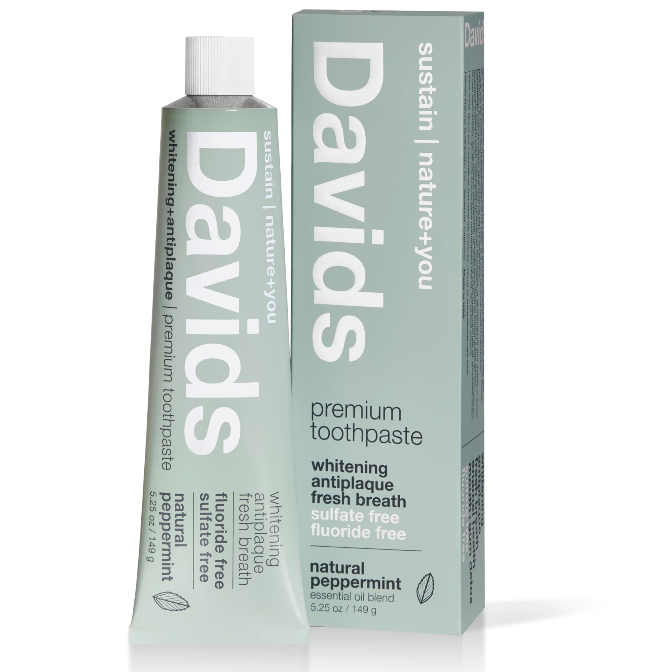 Davids Fluoride Free Toothpaste, Teeth Whitening, Antiplaque, SLS (Sulfate) Free, Promotes Enamel Health, Mouth & Gum Detox, EWG Verified, Peppermint, 5.25oz