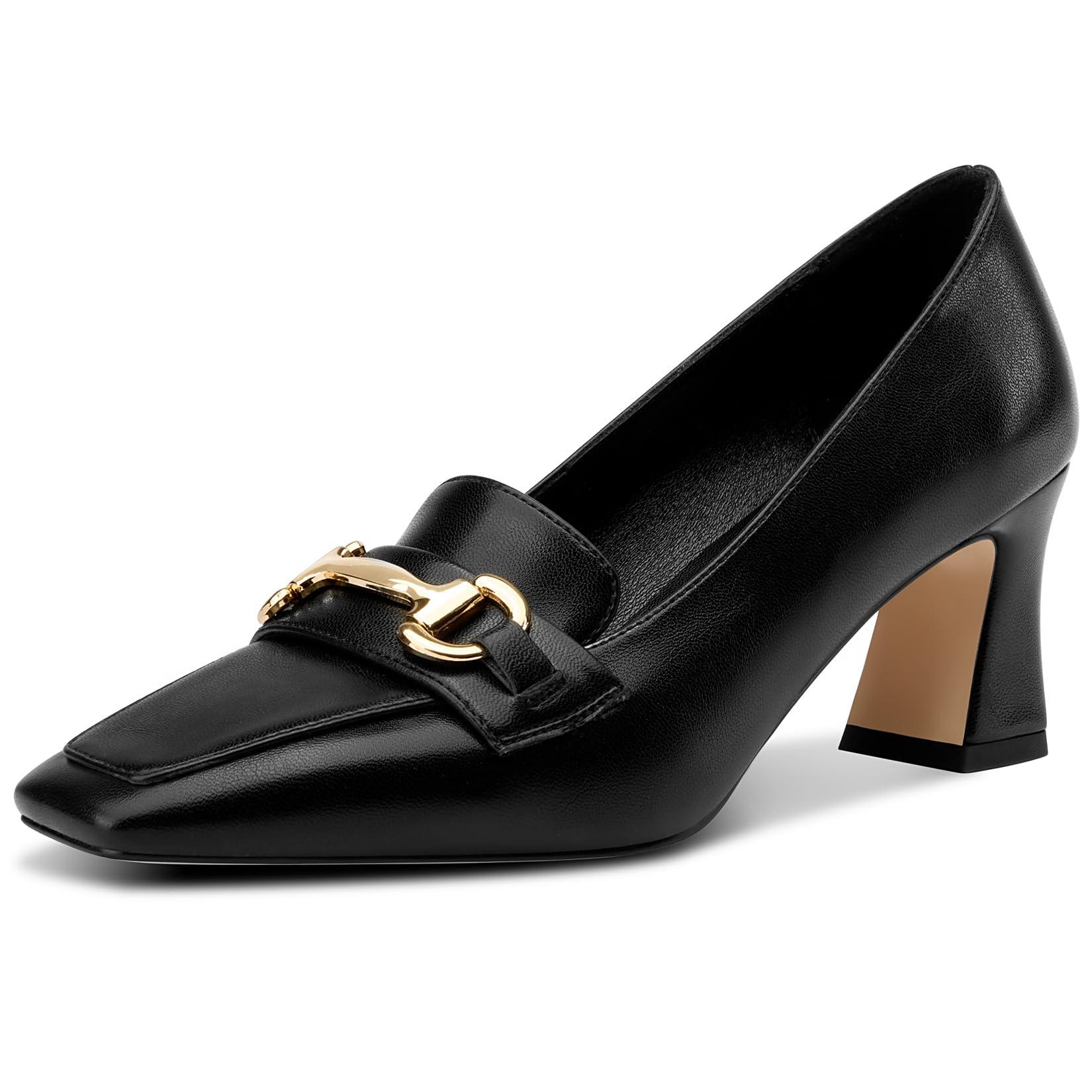 DearOnly Heeled Loafers for Women Square Toe Chunky Block Mid Heel Pumps Slip-on Metal Chain Work Office Dress Shoes 2.8 Inches Heels