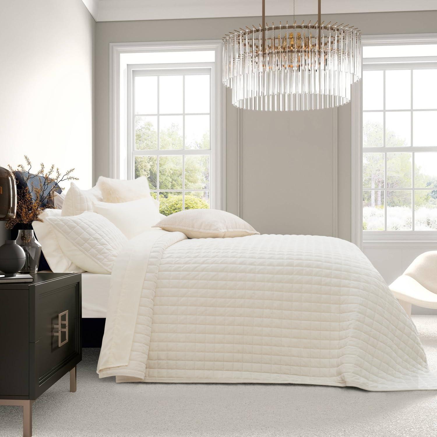 RECYCO Luxury Velvet Quilt Set Full Queen Size, Lightweight Velvet Comforter Set, Oversized Bedspread Coverlet Quilted Bedding Set, with 2 Matching Pillow Shams, for All Season, Cream White - Image 2