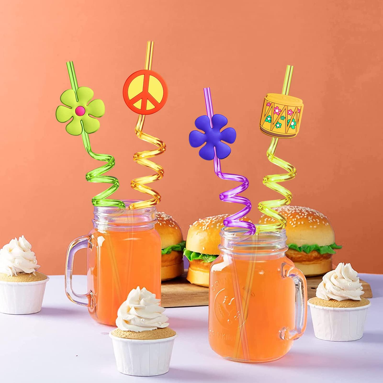 24 60's Hippie Theme Party Favors Retro Flower Cutouts Peace Drinking Straws for 60s Groovy Party Supplies Tie Dye Birthday Party Supplies with 2 PCS Straws Cleaning Brush - Image 2