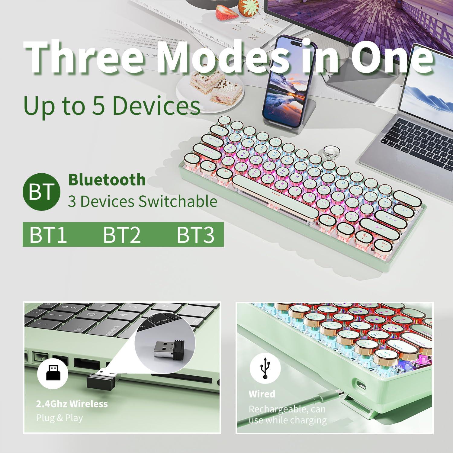EWEADN G61 Typewriter Keyboard Wireless Mechanical Keyboards, 60% Mini Typewriter Keyboard with Rainbow Backlit, Anti-Ghosting, Red Switch Bluetooth/2.4GHz/USB-C Cute Aesthetic Keyboards-Green - Image 3