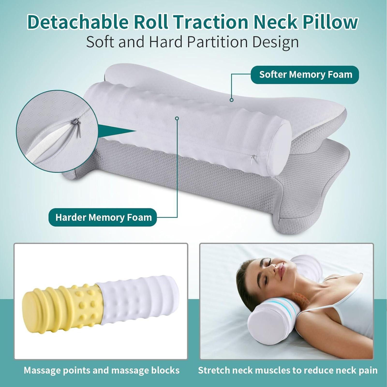 onesmile Cervical and Roll Neck Pillow-2 in 1 Removable Ergonomic for Pain Relief, Support for Sleeping, Memory Foam for Side, Back & Stomach Sleepers (Grey) - Image 4