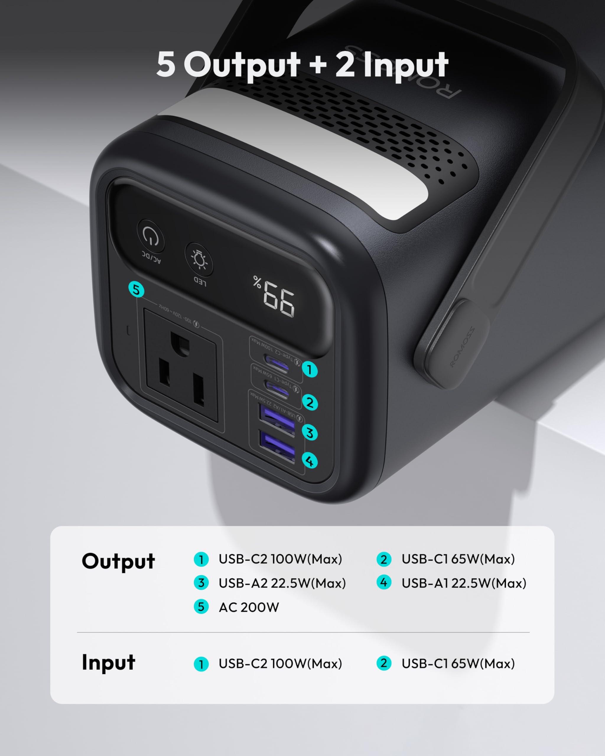 ROMOSS Power Bank Station 75,000mAh, 240Wh Outdoor Power Station, LiFePO4 Battery Pack, 200W AC Outlet, 100W USB-C in/out, Fast Charging, Smart Display and LED Light, for Outdoor Camping and Emergency - Image 6
