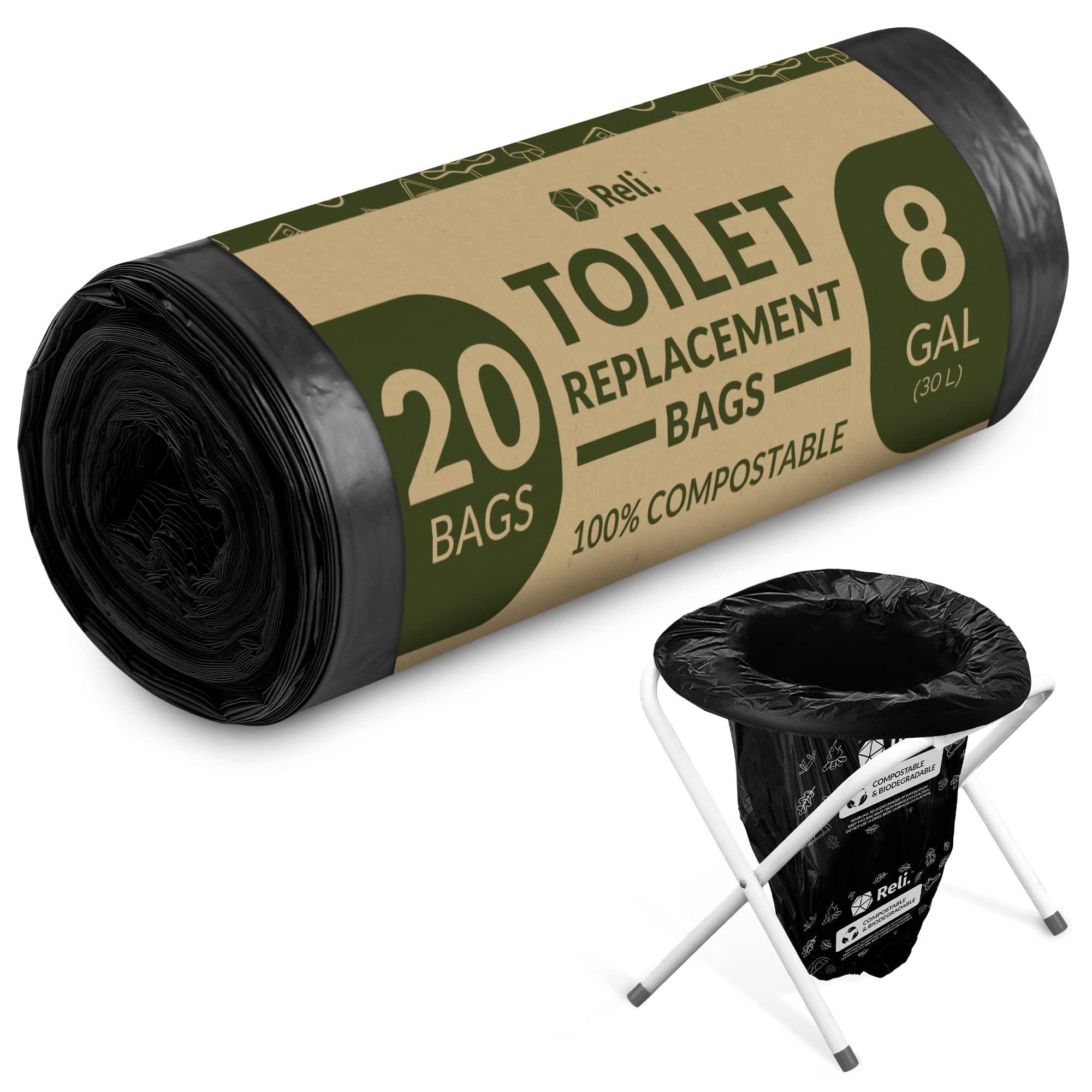 Reli. (20 Count) Portable Toilet Bags Compostable (8 Gallon - 1 Mil Thick) | Camping Toilet Bags | ASTM D6400 | Use for Portable Commode, Camp, Travel, Hiking (Black)