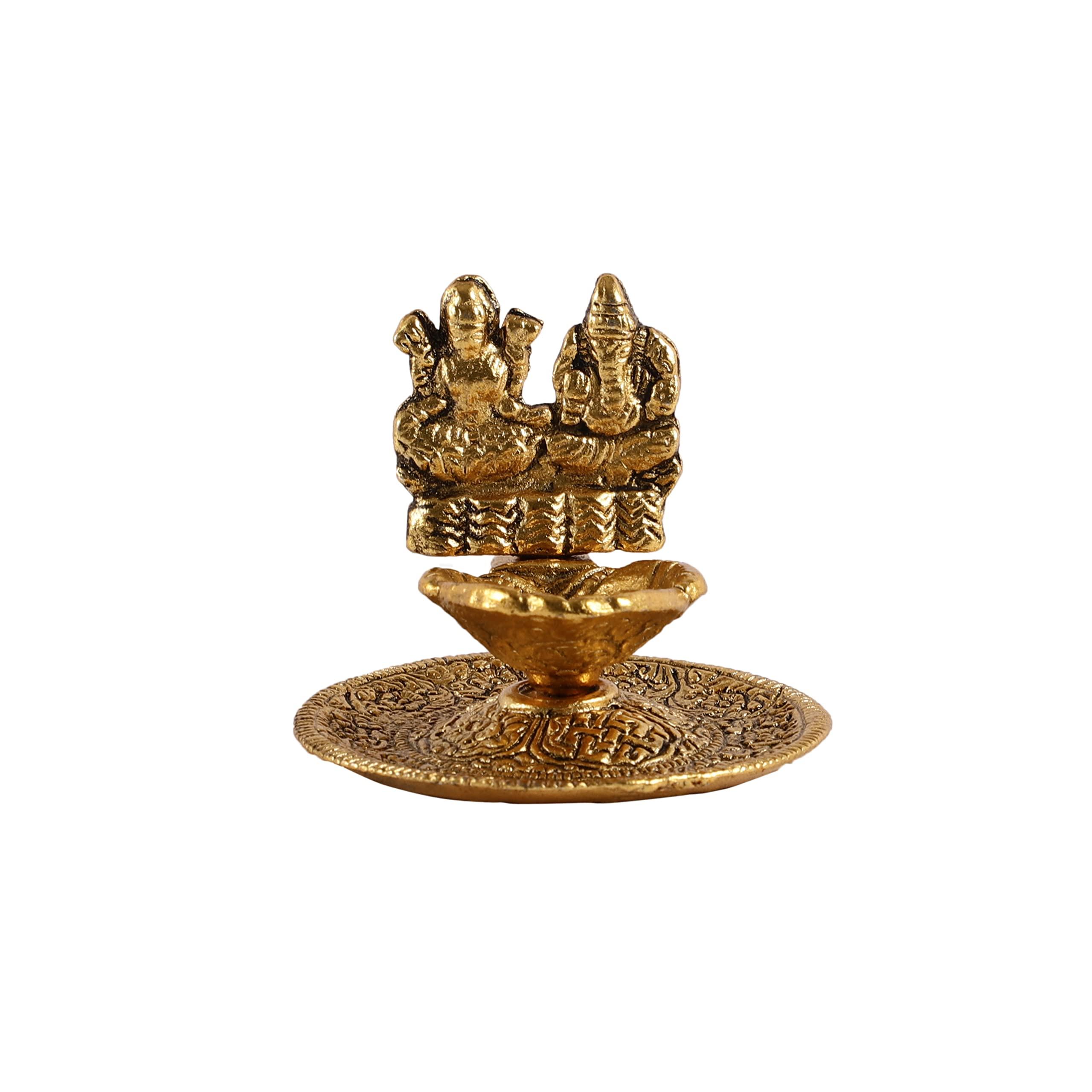 Purestory Goddess Laxmi Ganesh Diya,Laxmi Ganesh Figurine,Laxmi Ganesh Diya Idol Statue for Home Temple,Office,Gifts.Laxmi Ganesh Candle Holder for Home Decor - Gold - 3 Inches - Image 6