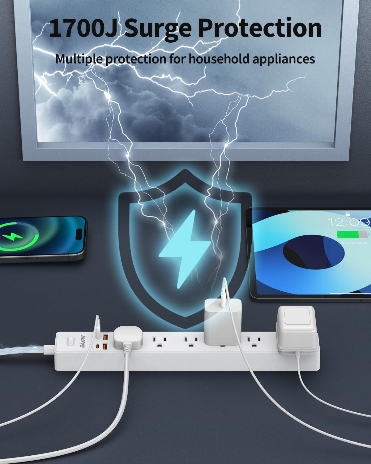 10 Ft Power Strip Surge Protector - 7 Outlets 4 USB Ports (2 USB C), Ultra Thin Flat Extension Cord & Flat Plug, 1700 Joules, Wall Mount, Desk Charging Station for Home Office Dorm, White - Image 6