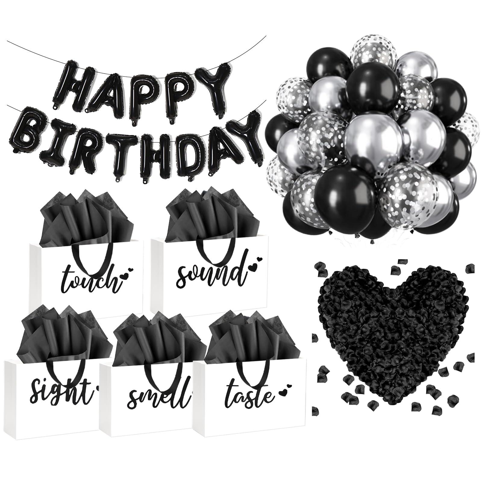 YIXAXKAO 5 Senses Gift Bags Five Senses Birthday Party Decorations with Tissue Paper, Rose Petals and Happy Birthday Banner Balloons Five Senses Gift for Him Husband Boyfriend (Black white)