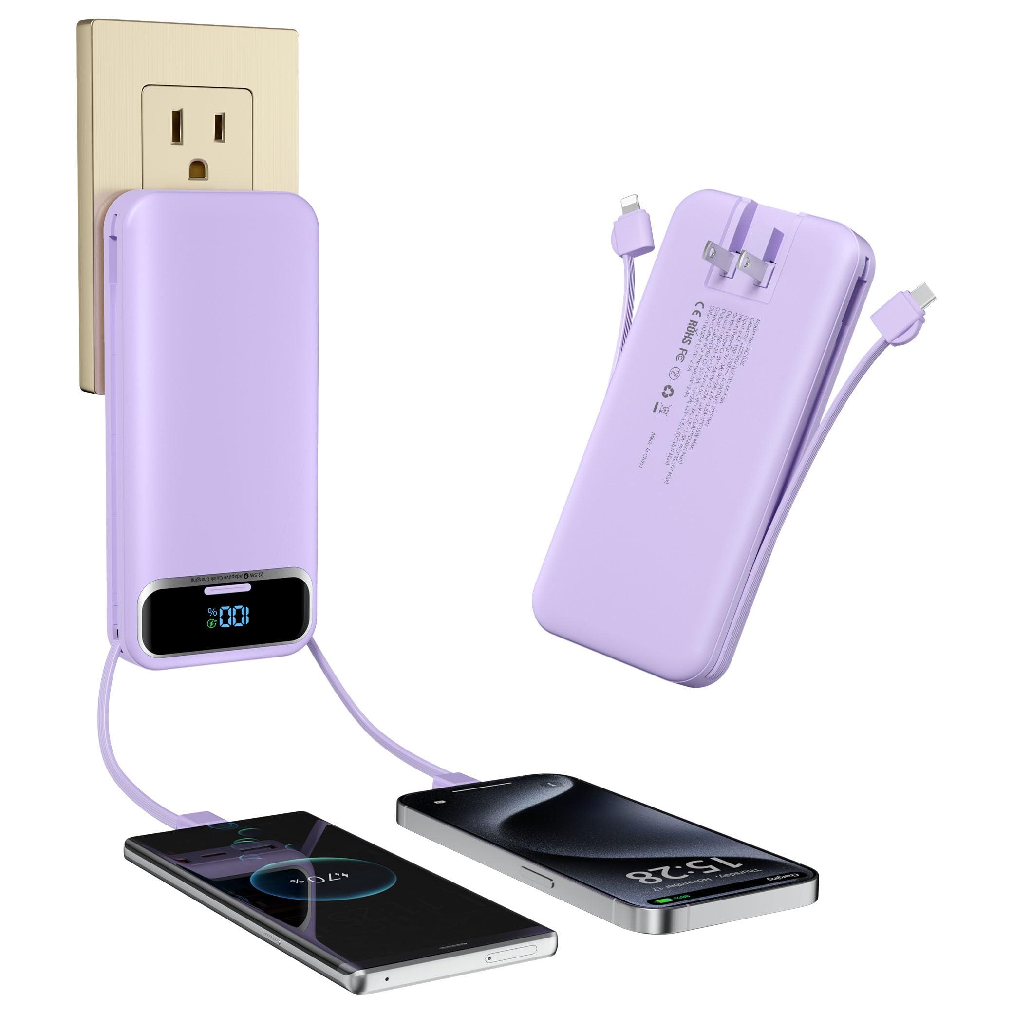 Portable-Charger Power-Bank with Built-in Cables & AC Wall Plug - 12000mAh PD 20W Fast Charging for iPhone,Samsung,Android, USB-C,Rechargeable External Battery Pack for Cell Phone,Type C,Travel Purple