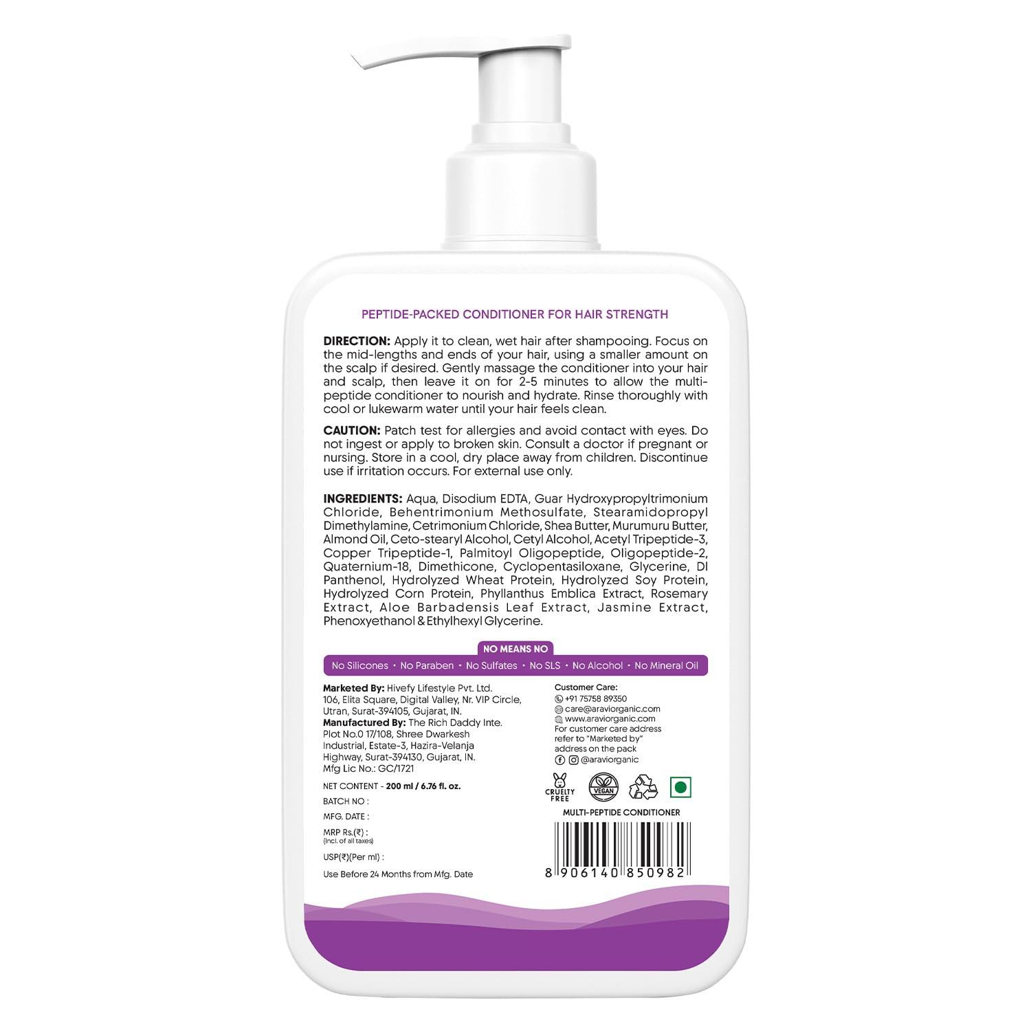 Aravi Organic Multi Peptide Hairfall Conditioner - Acetyl Tripeptide 3, Palmitoyl, Oligopeptide & Rosemary - 6.7 FL Oz / 200 ml - Image 2
