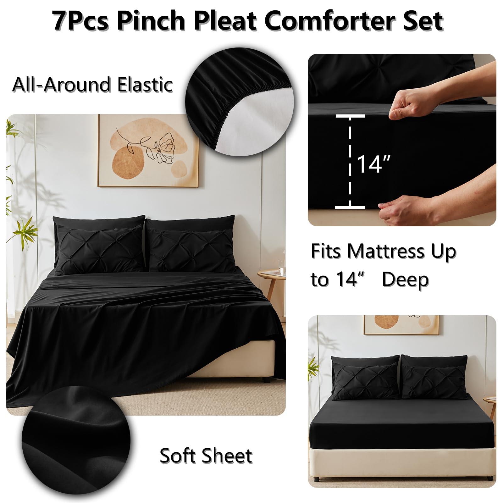CozyLux Queen Comforter Set 7 Pieces Bed in A Bag Black Premium Comforters Queen Size Bed Set Pintuck Pinch Pleat Complete Bedding Sets with Comforter, Flat Sheet, Fitted Sheet and Pillowcases & Shams - Image 5