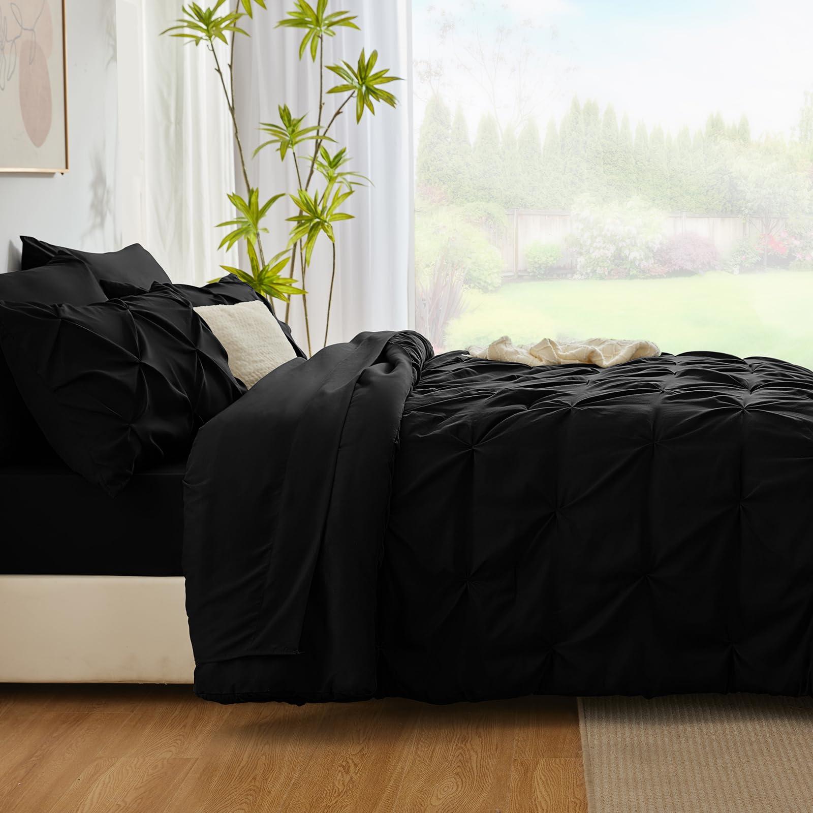 CozyLux Queen Comforter Set 7 Pieces Bed in A Bag Black Premium Comforters Queen Size Bed Set Pintuck Pinch Pleat Complete Bedding Sets with Comforter, Flat Sheet, Fitted Sheet and Pillowcases & Shams - Image 9