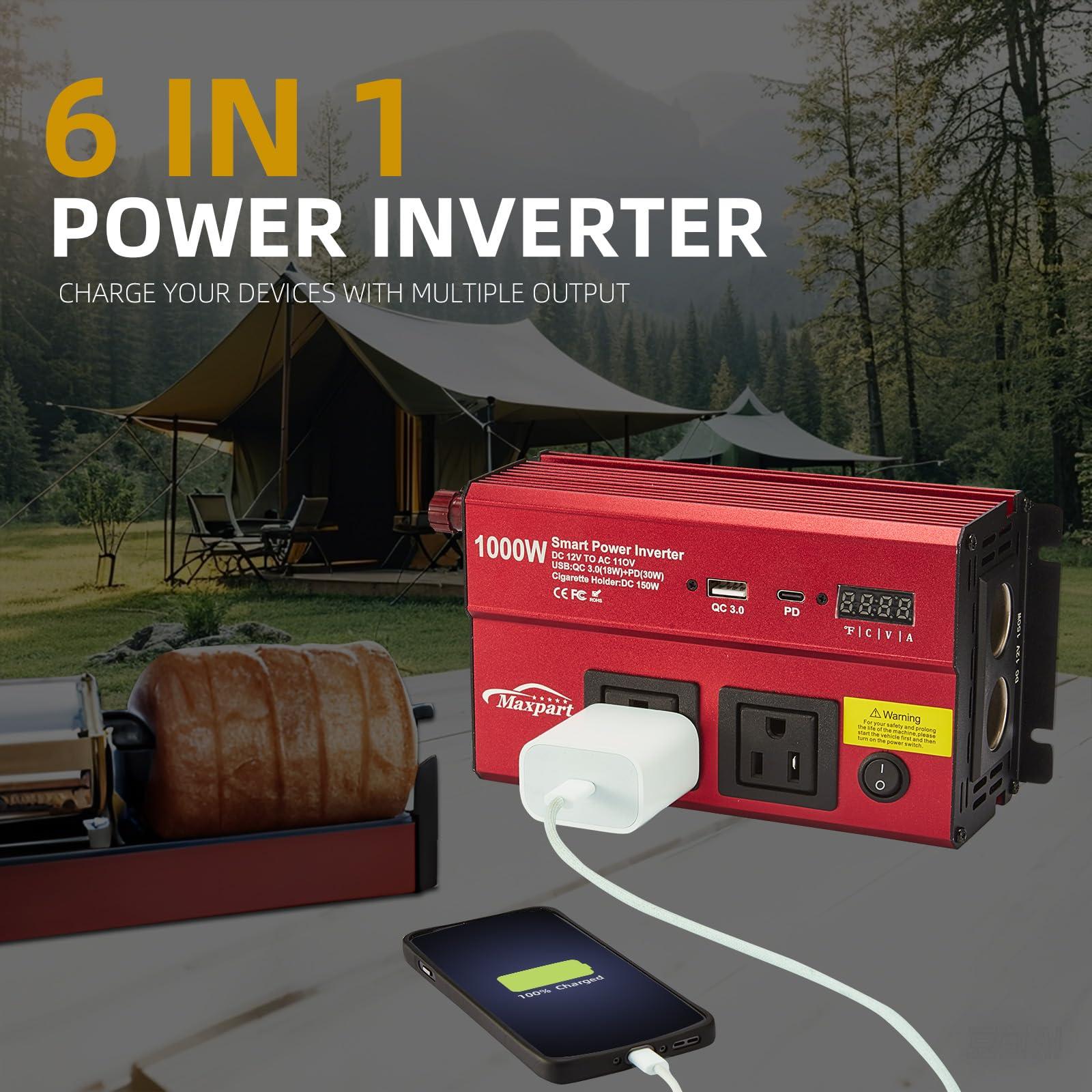 TWING Car 1000w Inverter,12v DC to 110v Power Inverters for Vehicles 1000 watt with Dual AC Outlets 3.0A USB and Type-C,12 Volt Inverter Car Cigarette Lighter Battery - Image 3