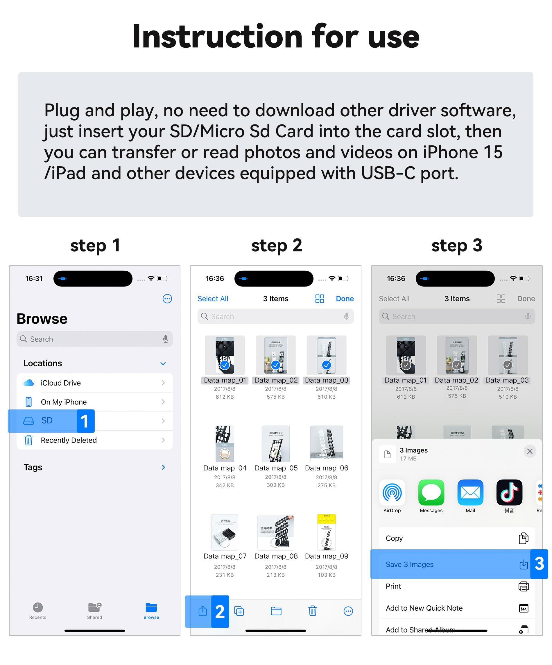 USB C SD Card Reader for iPhone 15 16/iPad/MacBook/Mac, xdgeLoad USB-C Type C SD Reader Supports SD and MicroSD Memory Card Adapter, Trail Camera Viewer Plug and Play - 2 Slots - Image 7