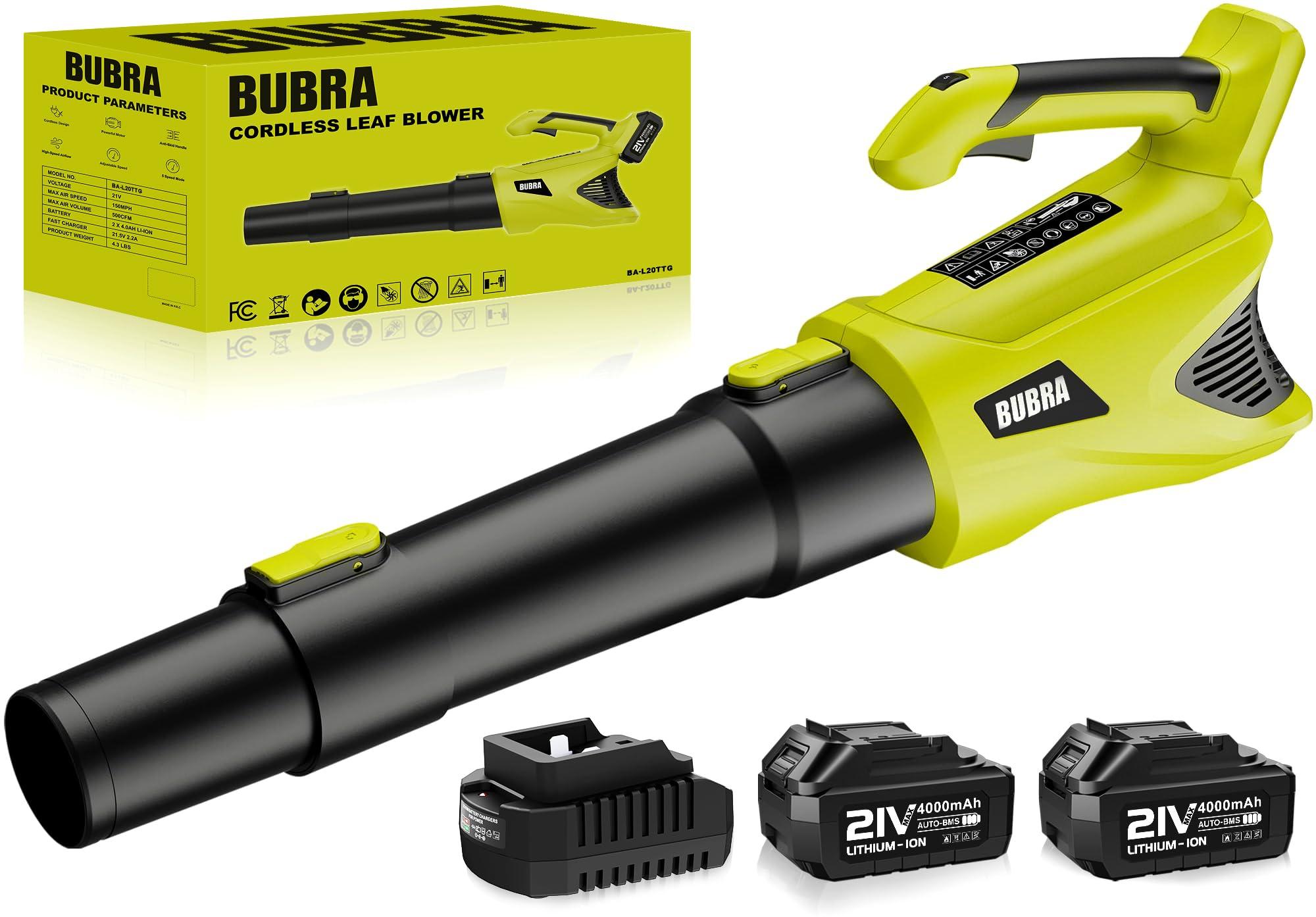 Cordless Leaf Blower 21V Electric Leaf Blower Cordless Powerful 500 CFM with 2 X 4.0Ah Batteries and Charger, 5 Speed Modes, Lightweight Battery Powered Leaf Blowers for Lawn Care and Yard Clearance