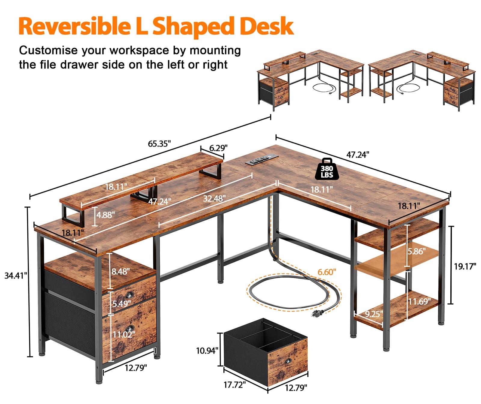 Furologee 66” L Shaped Desk with Power Outlet, Reversible Computer Gaming Desk with File Drawer & 2 Monitor Stands for Home Office with Storage Shelves, Rustic Brown - Image 3