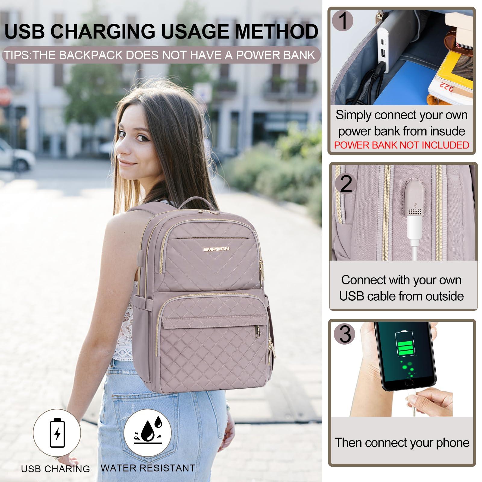 EMPSIGN Laptop Backpack Purse for Women and Men with USB Charging Port, 15.6 Inch Travel Water Resistant Quilted Backpack, High-Capacity 30L Work Business Computer Backpack, Quilted Grey Pink - Image 5