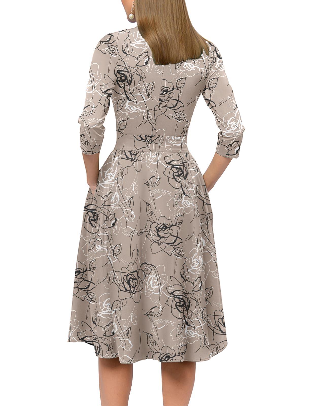 Simple Flavor Women's Floral Vintage Dress Elegant Midi Evening Dress 3/4 Sleeves - Image 3