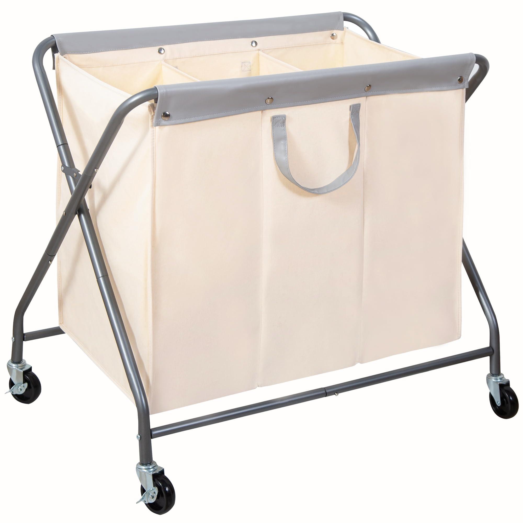 STORAGE MANIAC 160L Collapsible Laundry Hamper with Wheels, Rolling Laundry Basket, Heavy Duty Laundry Sorter with Removable Bag, Folding X Frame Laundry Organizer Cart for Easy to Store, 3 Section