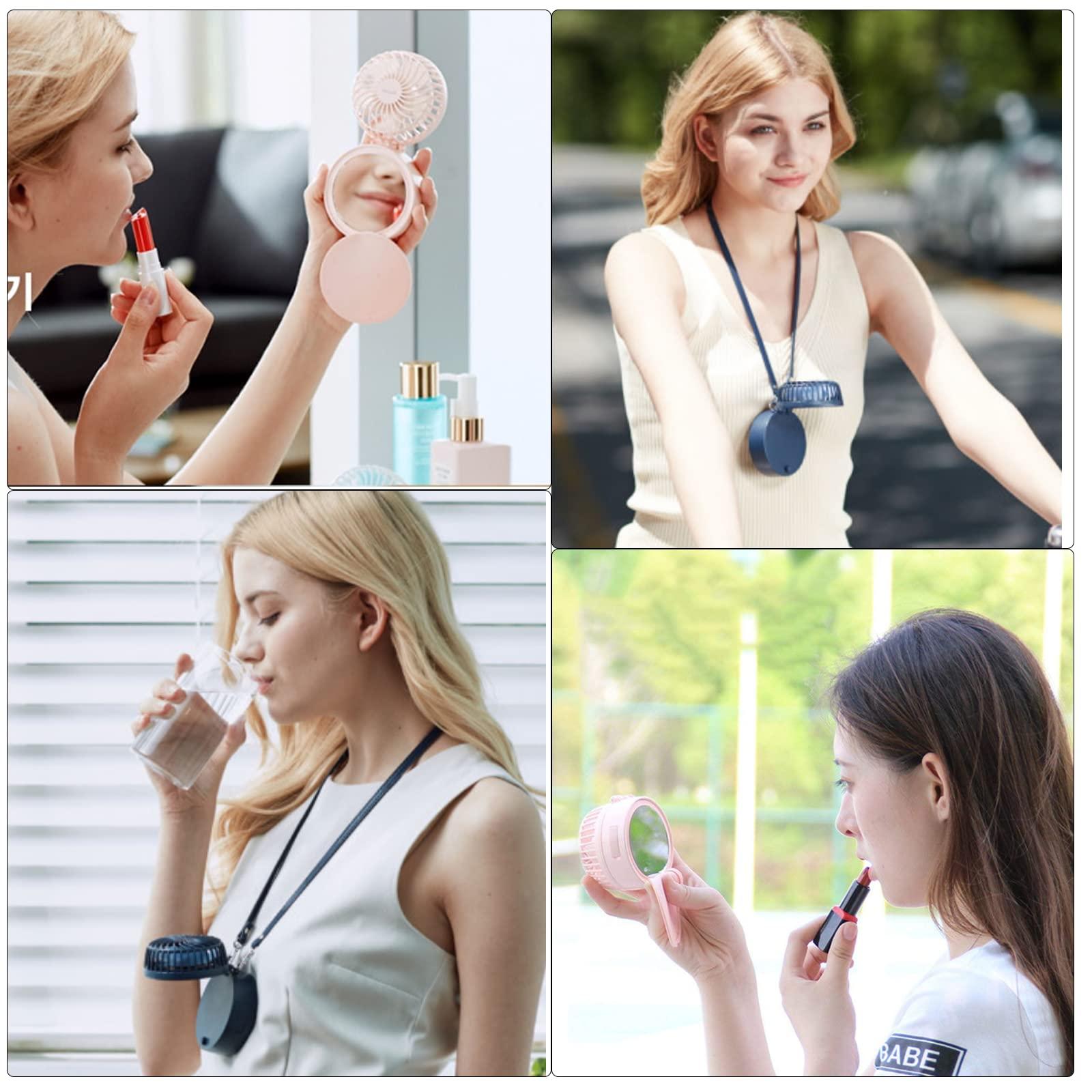 HandFan Mini Necklace Fan with Portable Charger/Makeup Mirror, Personal Hanging Neck Fan Rechargeable, Hands-Free Battery Operated Wearable Fan for Travel Outdoor Makeup(Blue) - Image 7