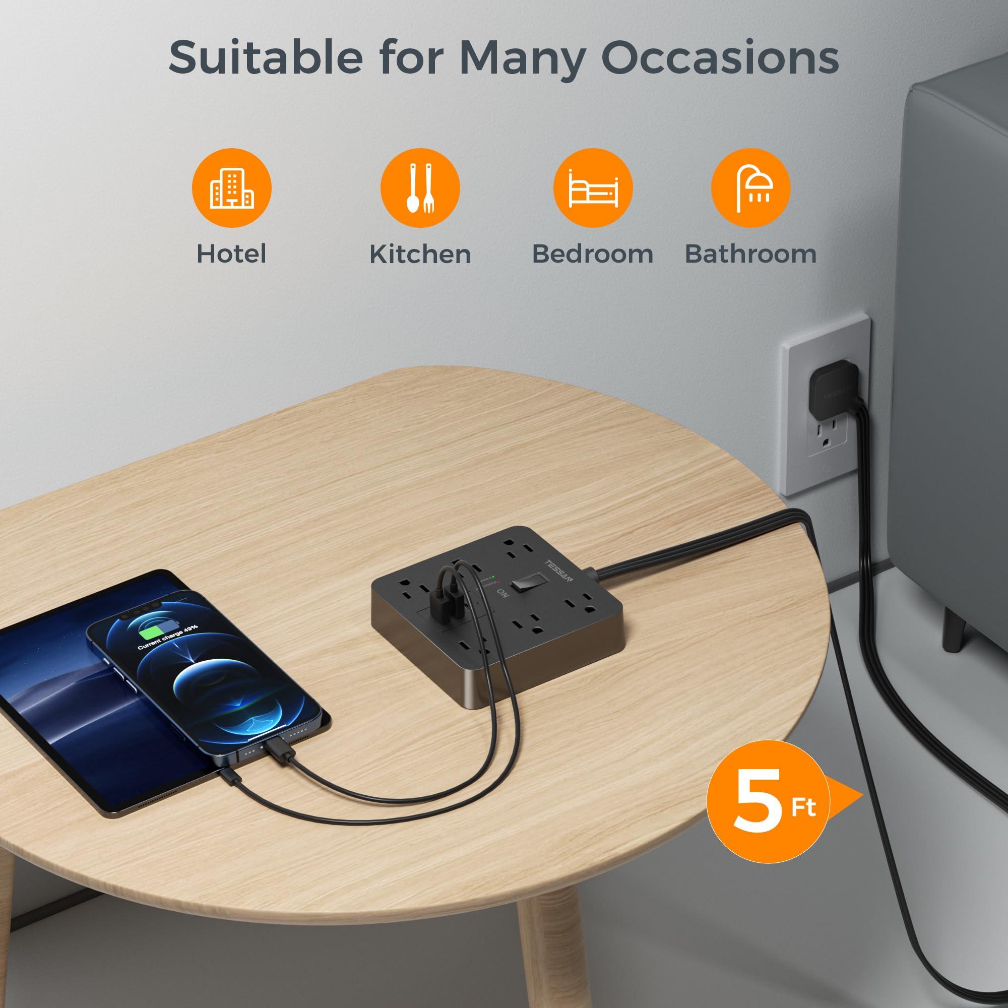 Black Surge Protector Power Strip, TESSAN Flat Plug Extension Cord 5 FT with 6 Outlets 3 USB Charger (1 USB C), 1700J Protection Multiple Outlets Charging Station for Home, Office, College Dorm Room - Image 2