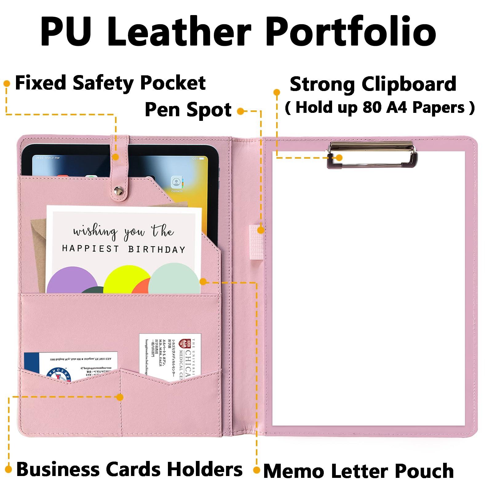 Portfolio Folder Padfolio with A4 Clipboard, PU Leather Portfolio Clipboard Business Binder Writing Clip Board Organizer for Legal Documents Business Card Men Women Pink - Image 4