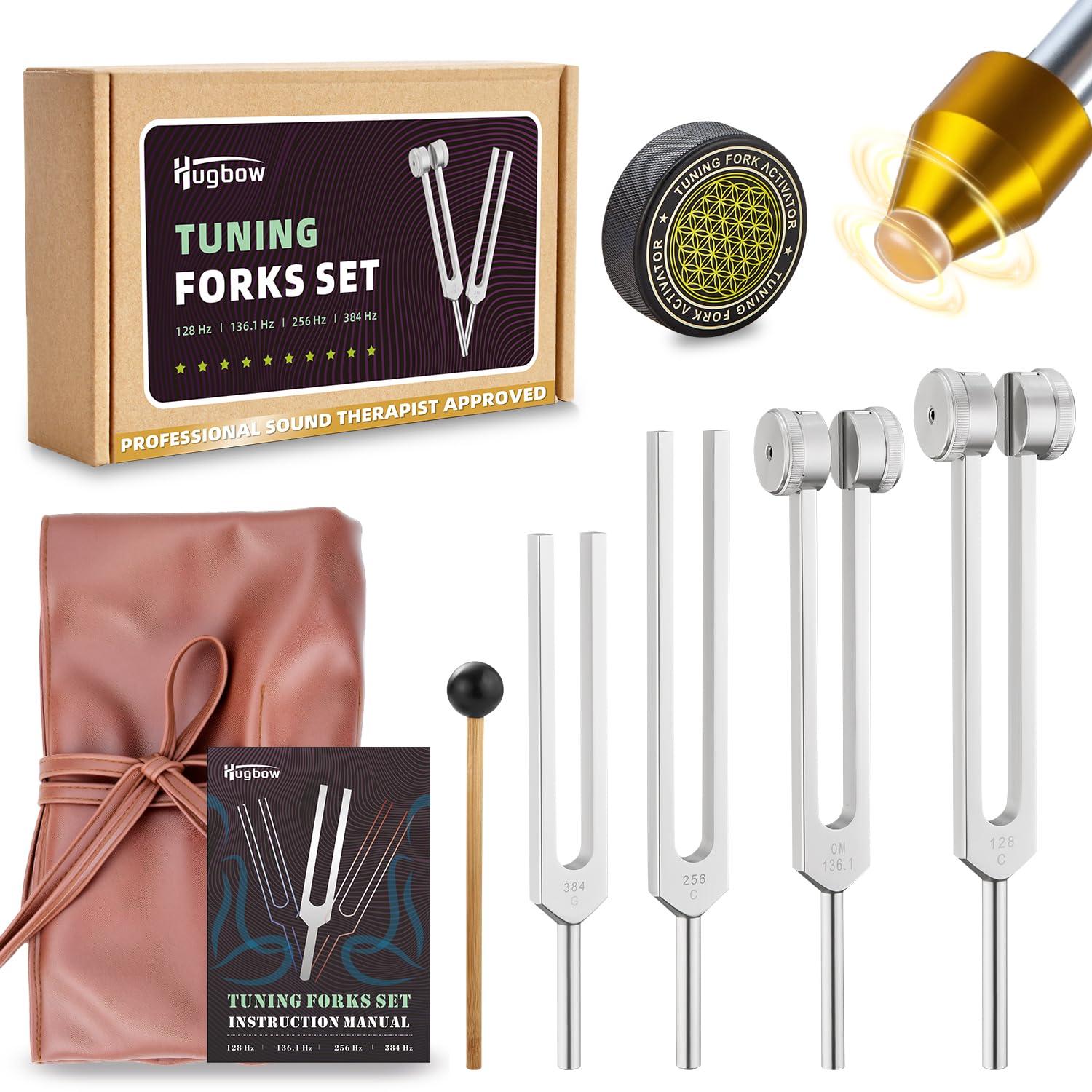 Hugbow Tuning Forks for Healing, Aluminum Alloy Tuning Fork 128Hz, 136.1Hz, 256Hz, 384Hz, Hockey Puck Activator & Gem feet, Weighted & Unweighted Tuning Fork Set with Vegan Leather Pouch
