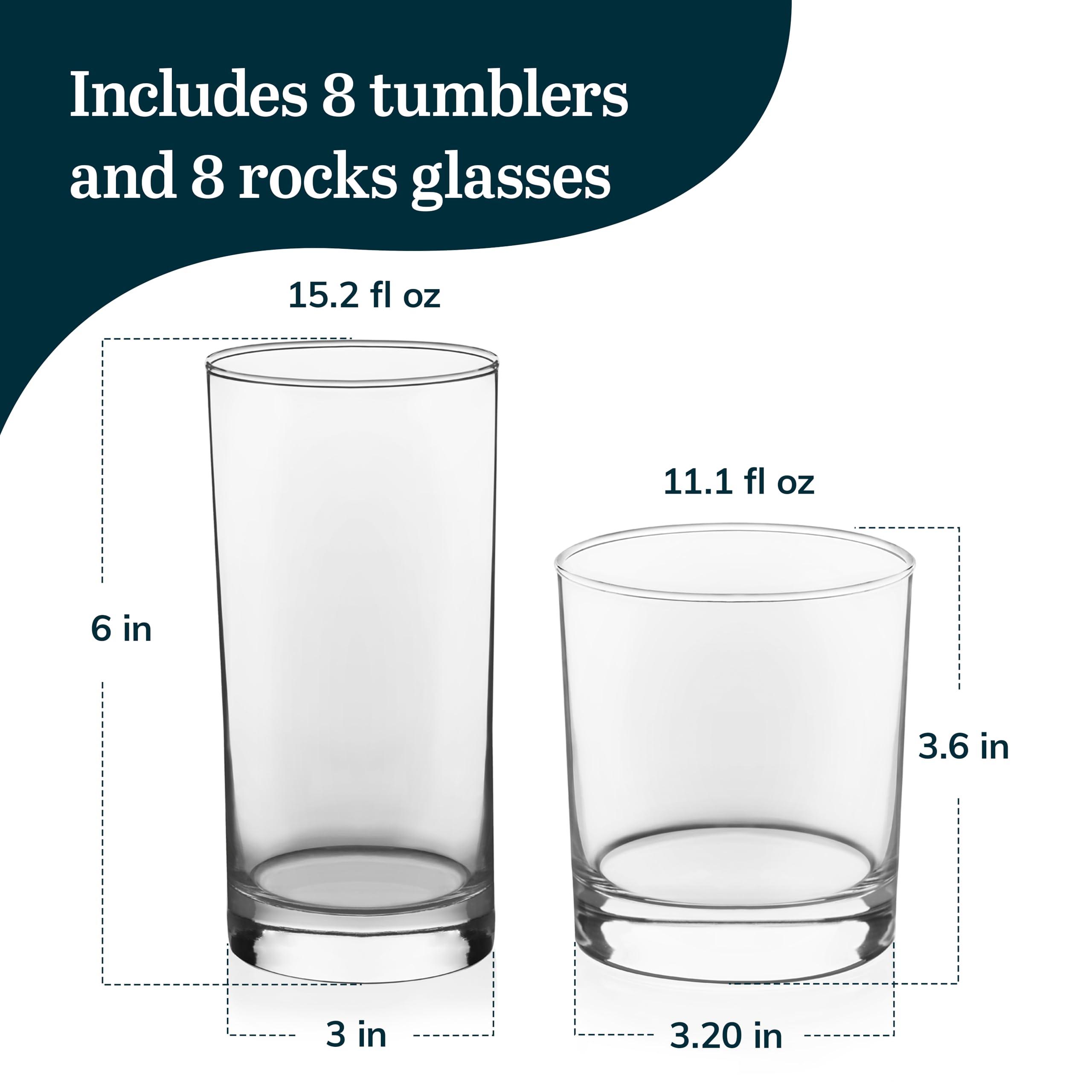 Libbey Province Tumbler and Rocks Glass Set, Elegant Drinkware Glasses Set, Tall Drinking Glasses with Modern Lines, Drinking Glasses Set of 16 - Image 3