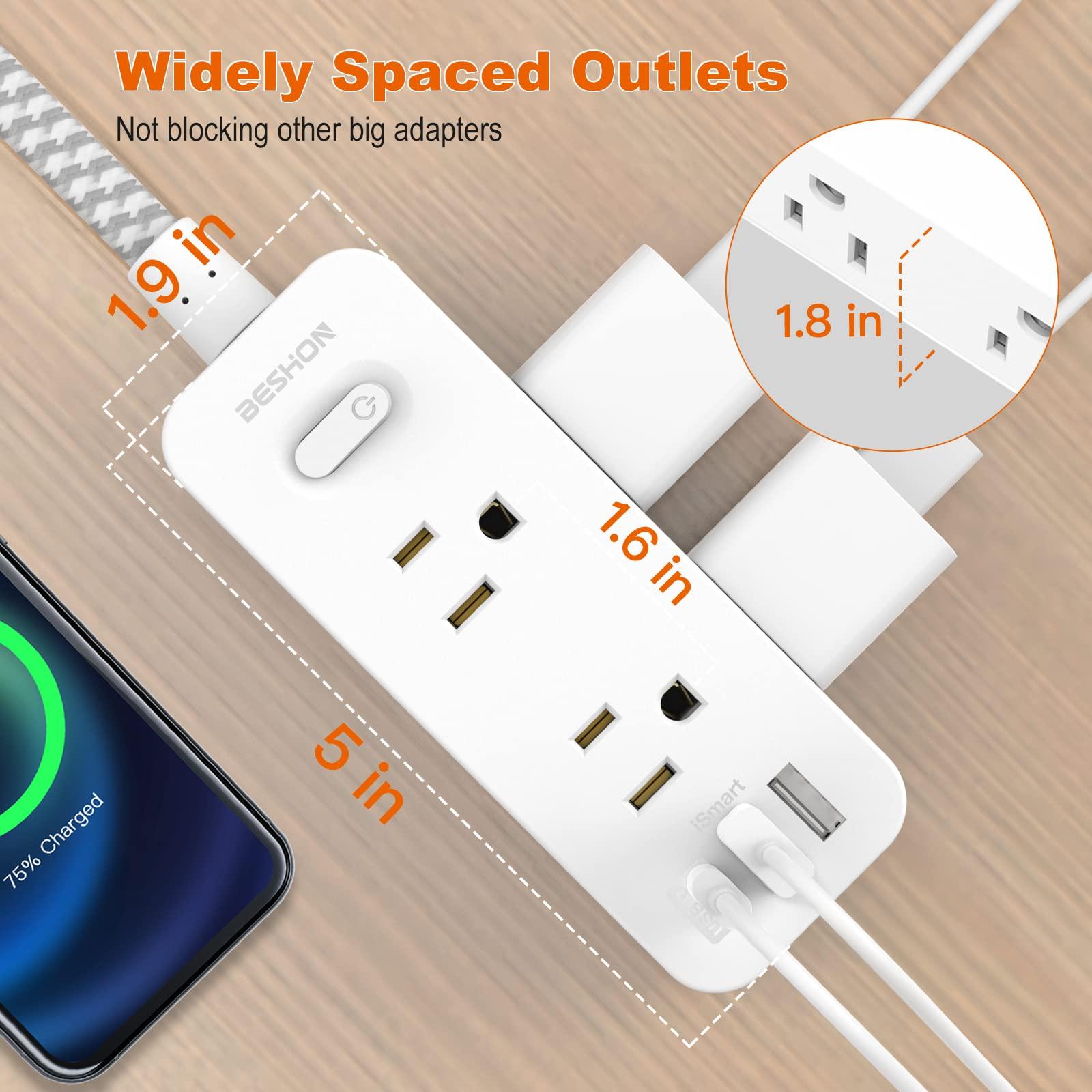 Power Strip Surge Protector, BESHON 5Ft Extension Cord, 6 Outlets with 3 USB Ports(1 USB C Outlet), 3-Side Outlet Extender, Wall Mount, Compact for Travel, Home, School, College Dorm Room and Office - Image 6