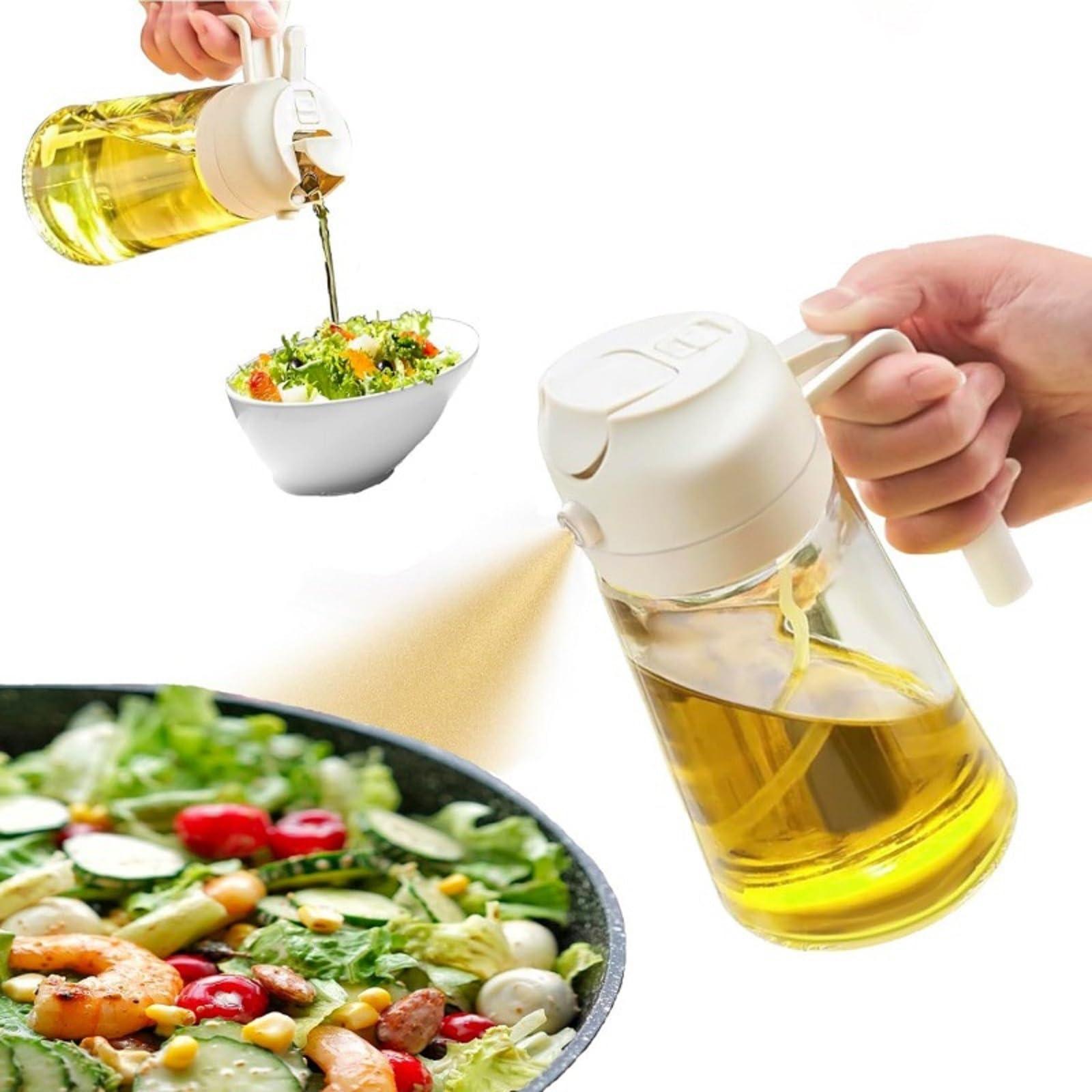 2 in 1 Oil Dispenser and Sprayer for Kitchen -16oz/470ml Glass Olive Oil Dispenser Bottle-Oil Sprayer for Cooking, Salad,Air Fryer, BBQ (White)