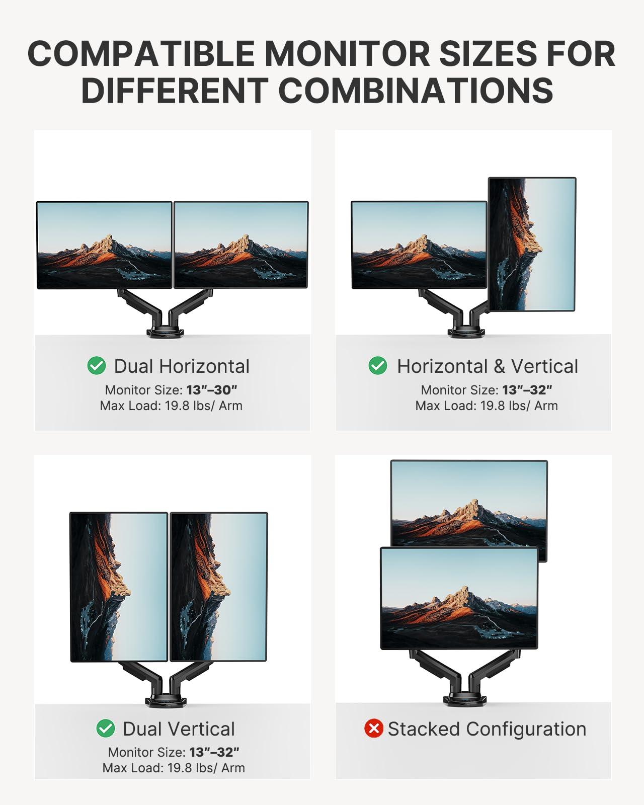 HUANUO Dual Monitor Stand - Full Adjustable Monitor Desk Mount Swivel Vesa Bracket with C Clamp, Grommet Mounting Base for 13 to 32 Inch Computer Screens - Each Arm Holds 4.4 to 19.8lbs - Image 6