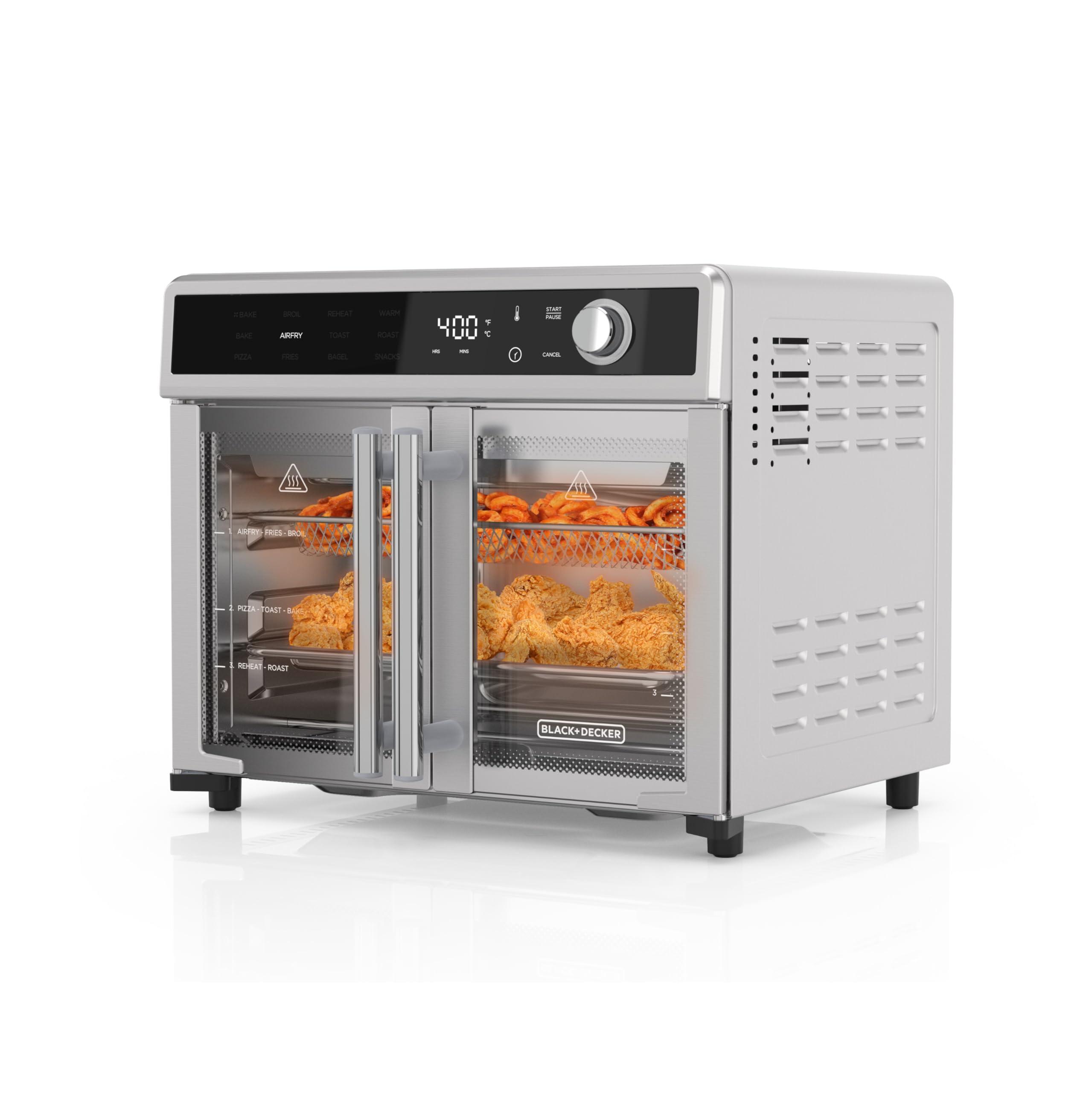 BLACK+DECKER Crisp 'N Bake Air Fryer Toaster Oven Combo, 12 in 1 Countertop Convection Oven Cooks Food Fast, Fits a Whole Pizza or 6 Toast Slices, French Doors with Stainless Steel Finish
