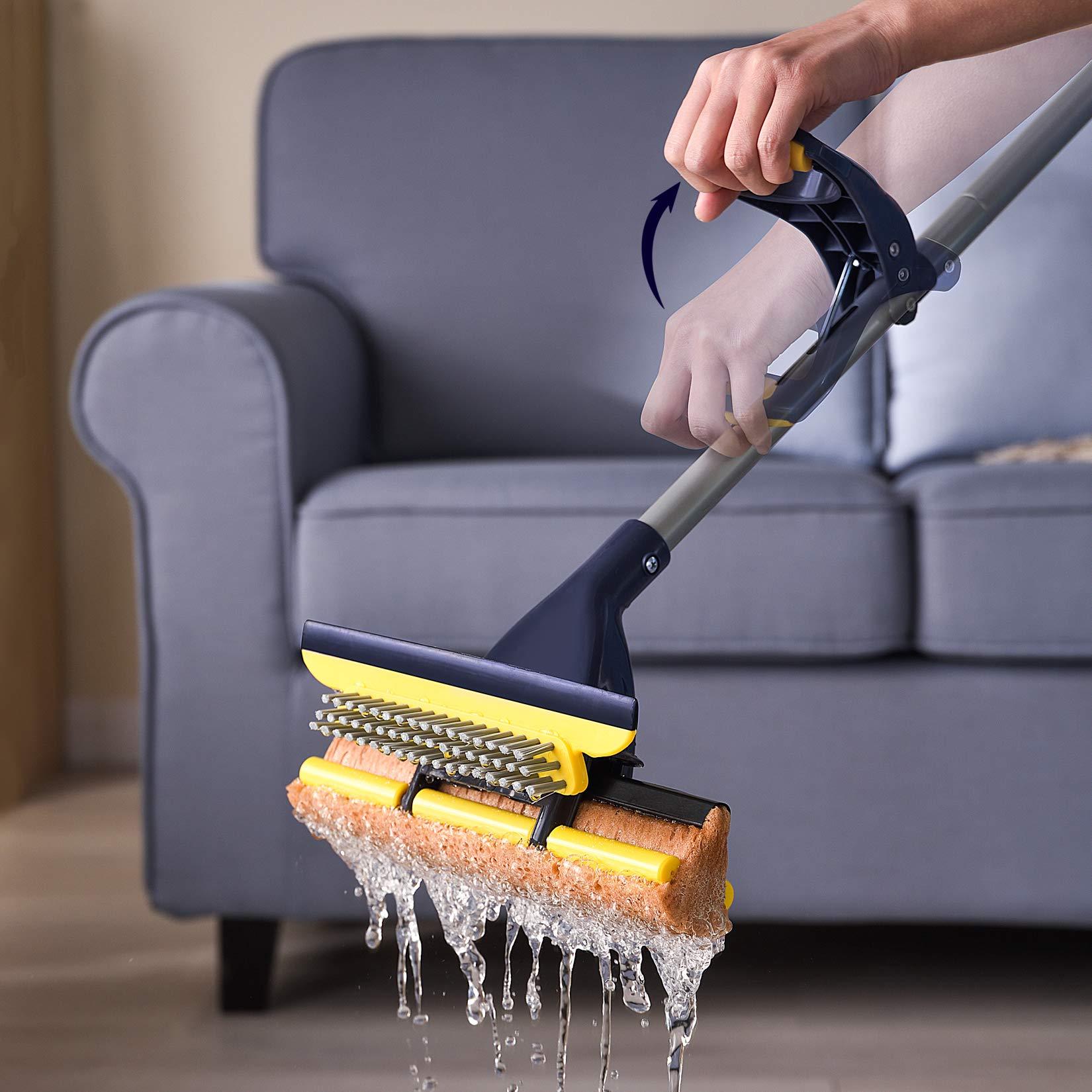 Yocada Sponge Mop Home Commercial Use Tile Floor Bathroom Garage Cleaning Total 2 Sponge Heads NOT 3 Telescopic Handle Squeegee from 42.5 to 52 Inches Easily Dry Wringing only 2 Heads - Image 6