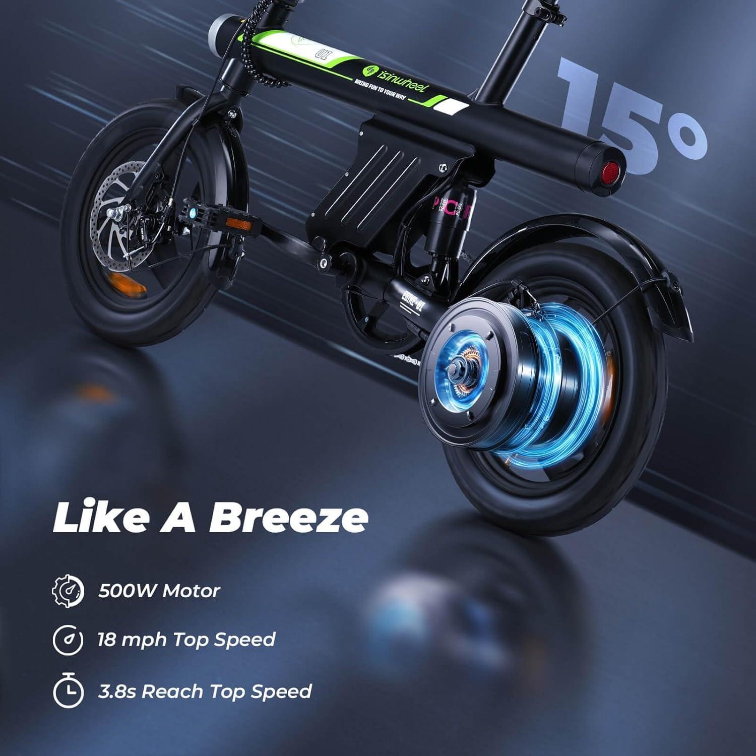 isinwheel Electric Bike for Adults with Basket, 500W Motor, 20 mph Folding Ebike, 14"/16" Adult Electric Bicycles with Smart Uphill, 280.8Wh/374.4Wh Battery, Mini E Bikes for Adults and Teens - Image 2