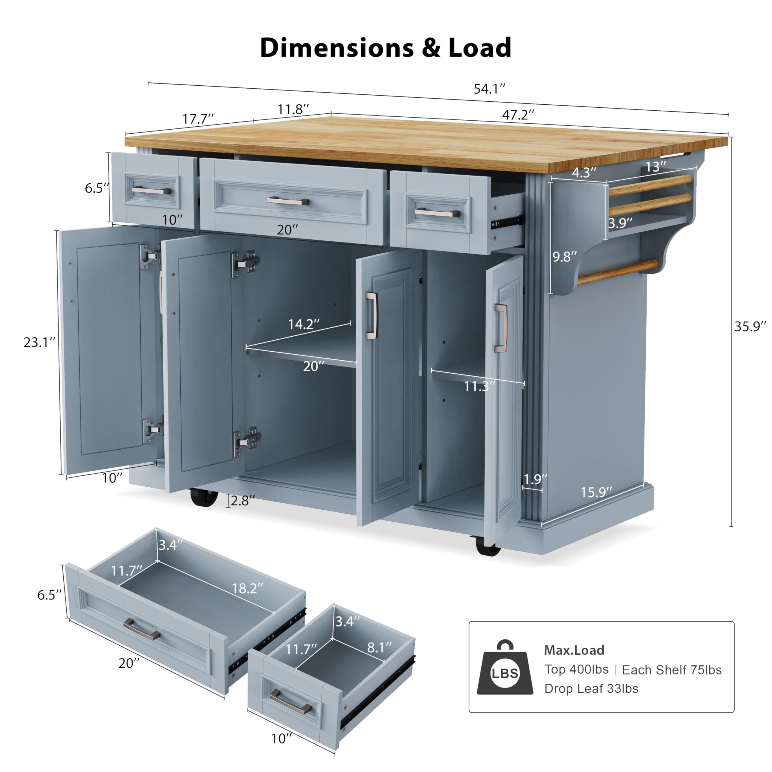 Ball & Cast Large Kitchen Island with Rubber Wood Drop Leaf,Embossed Texture Rolling Kitchen Cart On 4 Wheels W/4 Doors&3 Drawers,Mobile Kitchen Islands W/Storage for Kitchen,Dining Room,Grey Blue,54" - Image 2